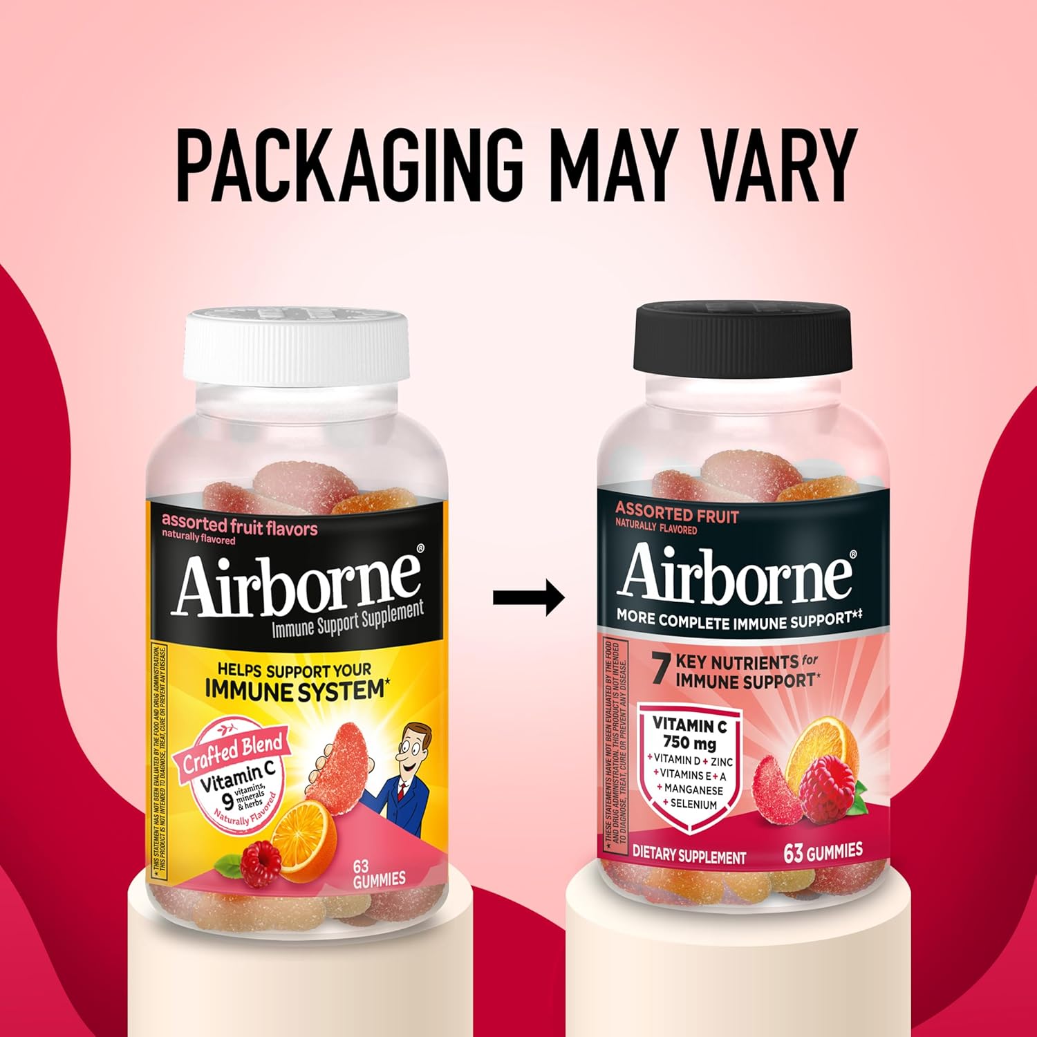Airborne Gomitas de Apoyo Inmune, Sabor a Frutas Variadas, 63 unidades - 750 mg de Vitamina C con Vitaminas A, D, E, Zinc, Selenio y Manganeso