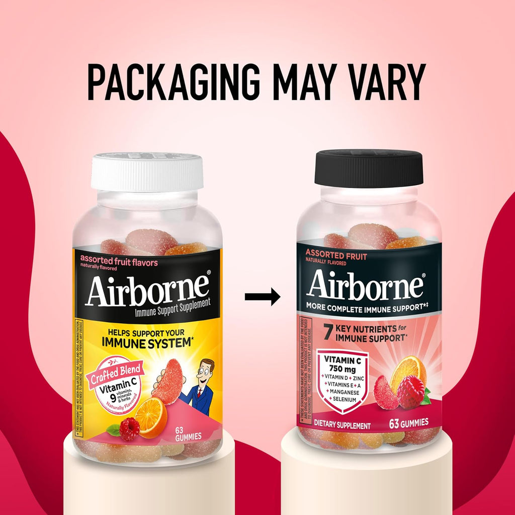 Airborne Gomitas de Apoyo Inmunológico, Sabor a Frutas Variadas, 63 unidades - 750 mg de Vitamina C + Vitaminas A, D y E + Zinc, Selenio y Manganeso | Mezcla de Hierbas | Sabor Natural