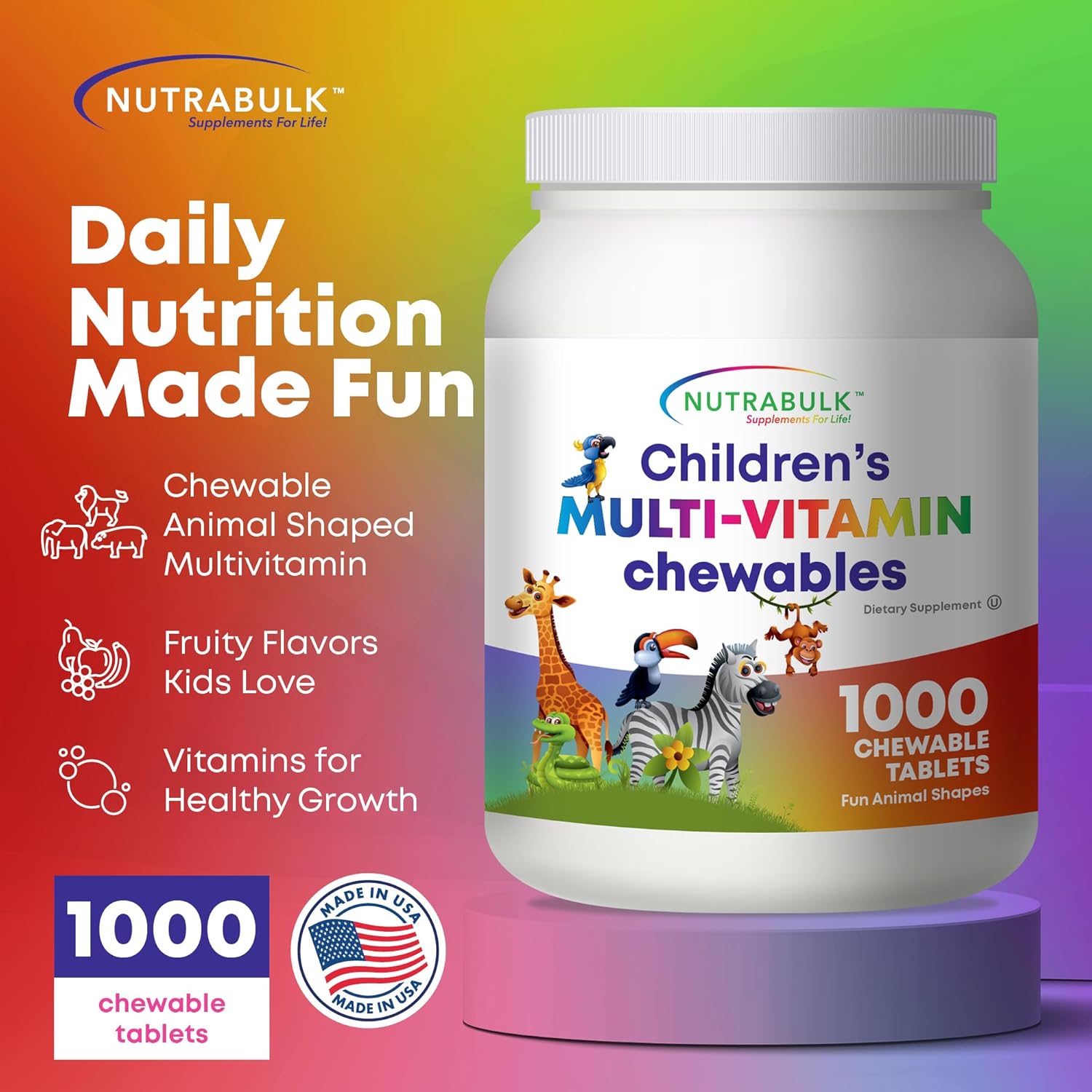 NutraBulk Multivitamínico Infantil - 1000 Comprimidos Masticables con Formas de Animales