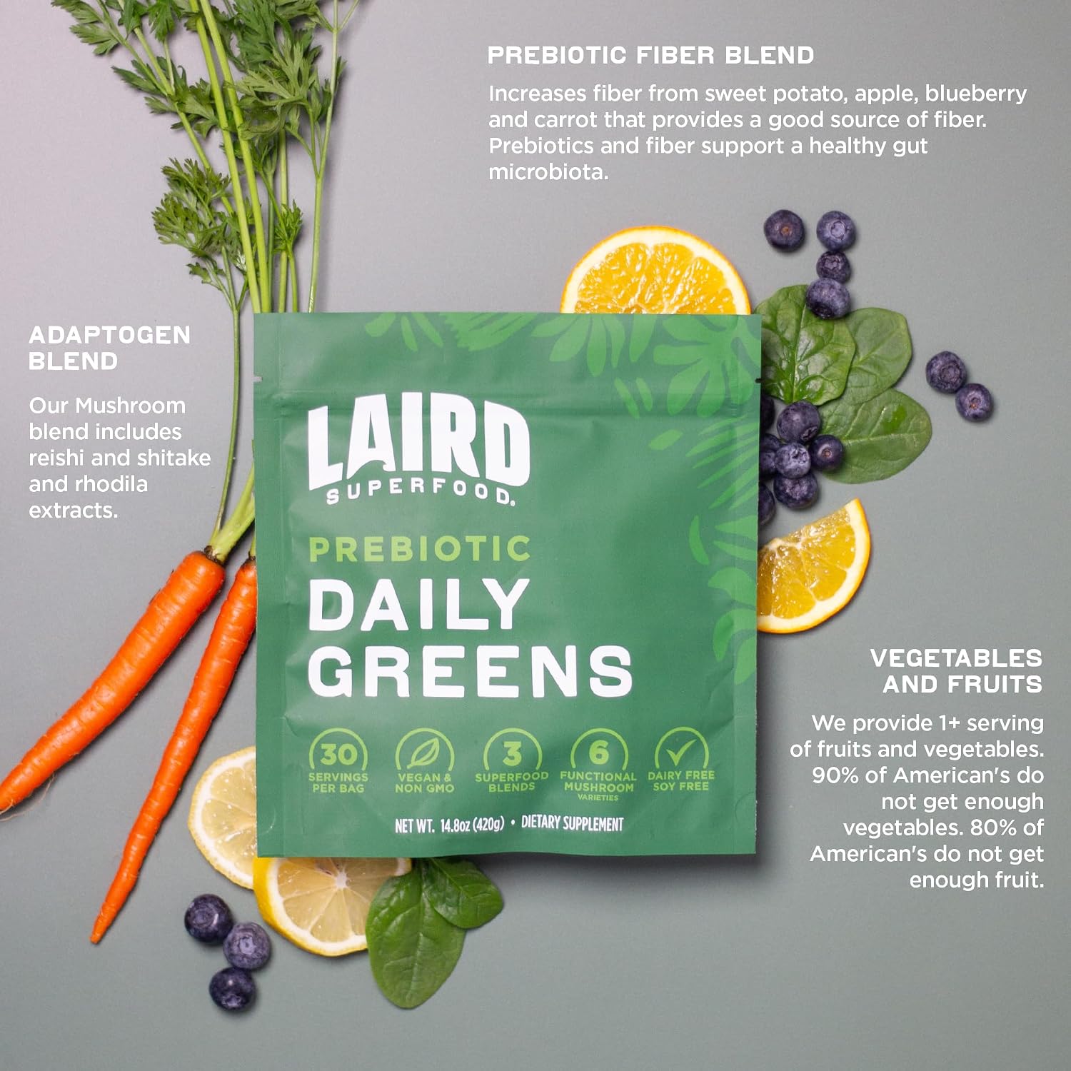 Laird Superfood Prebiótico Daily Greens - 15 sobres de 14 g