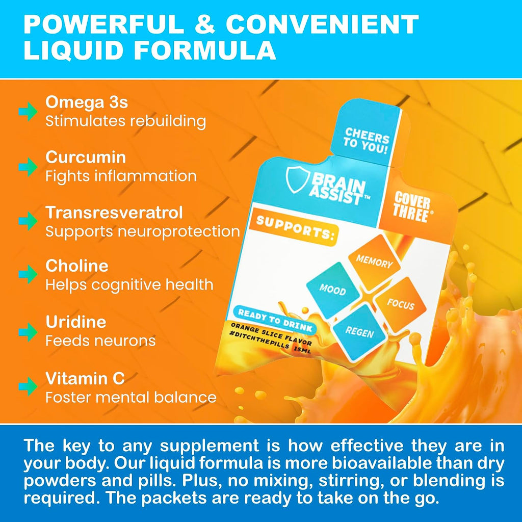 Brain Assist - Suplemento para el cerebro con curcumina, uridina y omega-3, sabor naranja