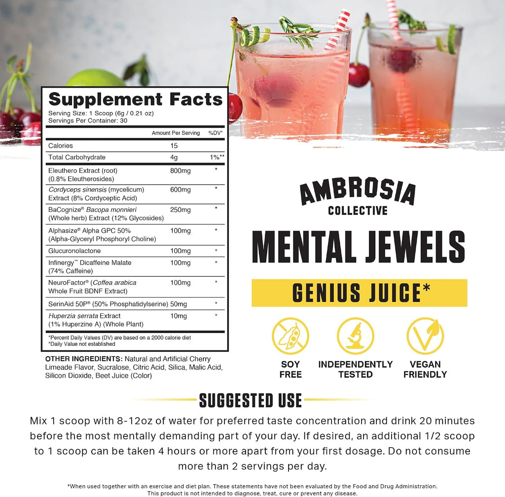 Ambrosia Mental Jewels – Nootrópico en Polvo con Alpha GPC, Bacopa y Fosfatidilserina | Memoria, Enfoque y Concentración | 30 Dosis | Sabor Cherry Limeade