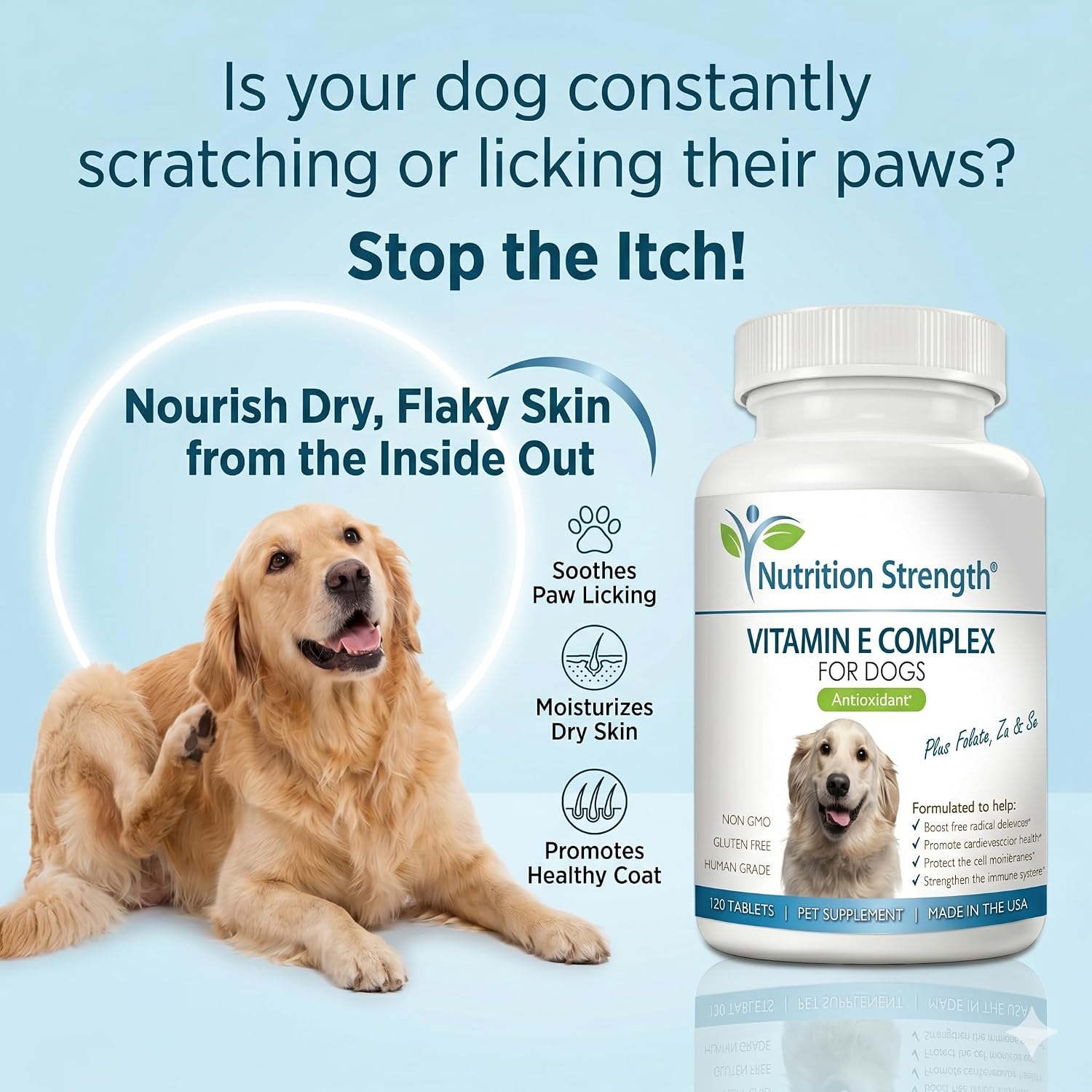Complejo de Vitamina E para Perros con Zinc, Selenio, Folato y Aceite de Salmón - 120 Comprimidos Masticables