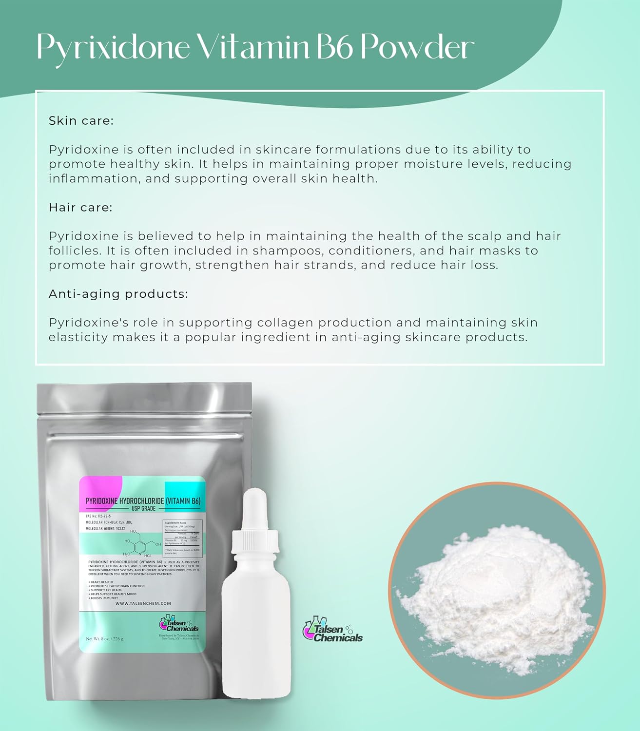Talsen Chemicals Vitamina B6 en Polvo (Piridoxina HCL) - 113 Gramos