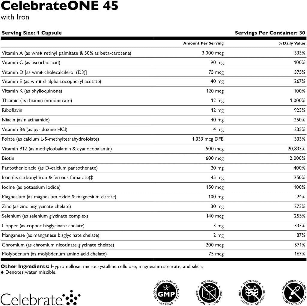 CelebrateONE 45 Multivitamínico Bariátrico con Hierro 45 mg, 90 Cápsulas