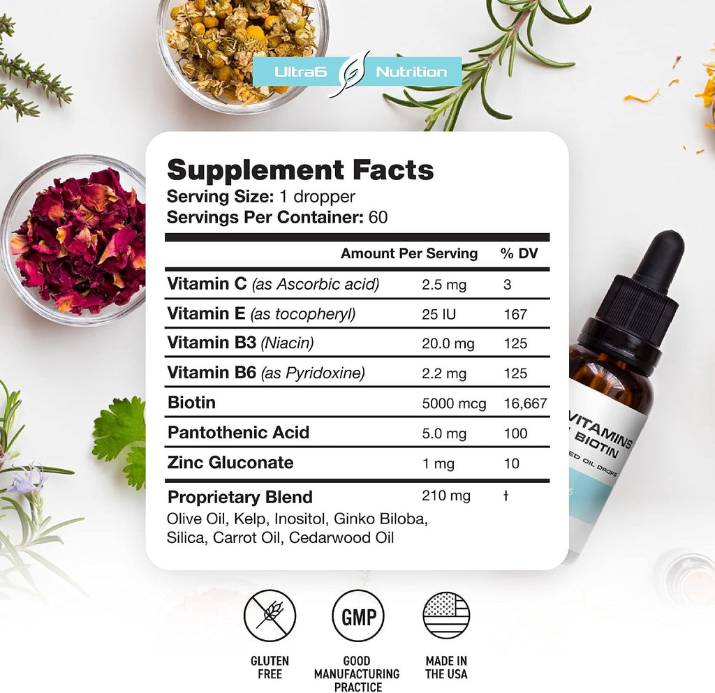 Ultra6 Nutrition Liquid Biotin 5000 mcg with Vitamins C, E, B6 & Organic Coconut Oil - Hair, Skin & Nails Supplement
