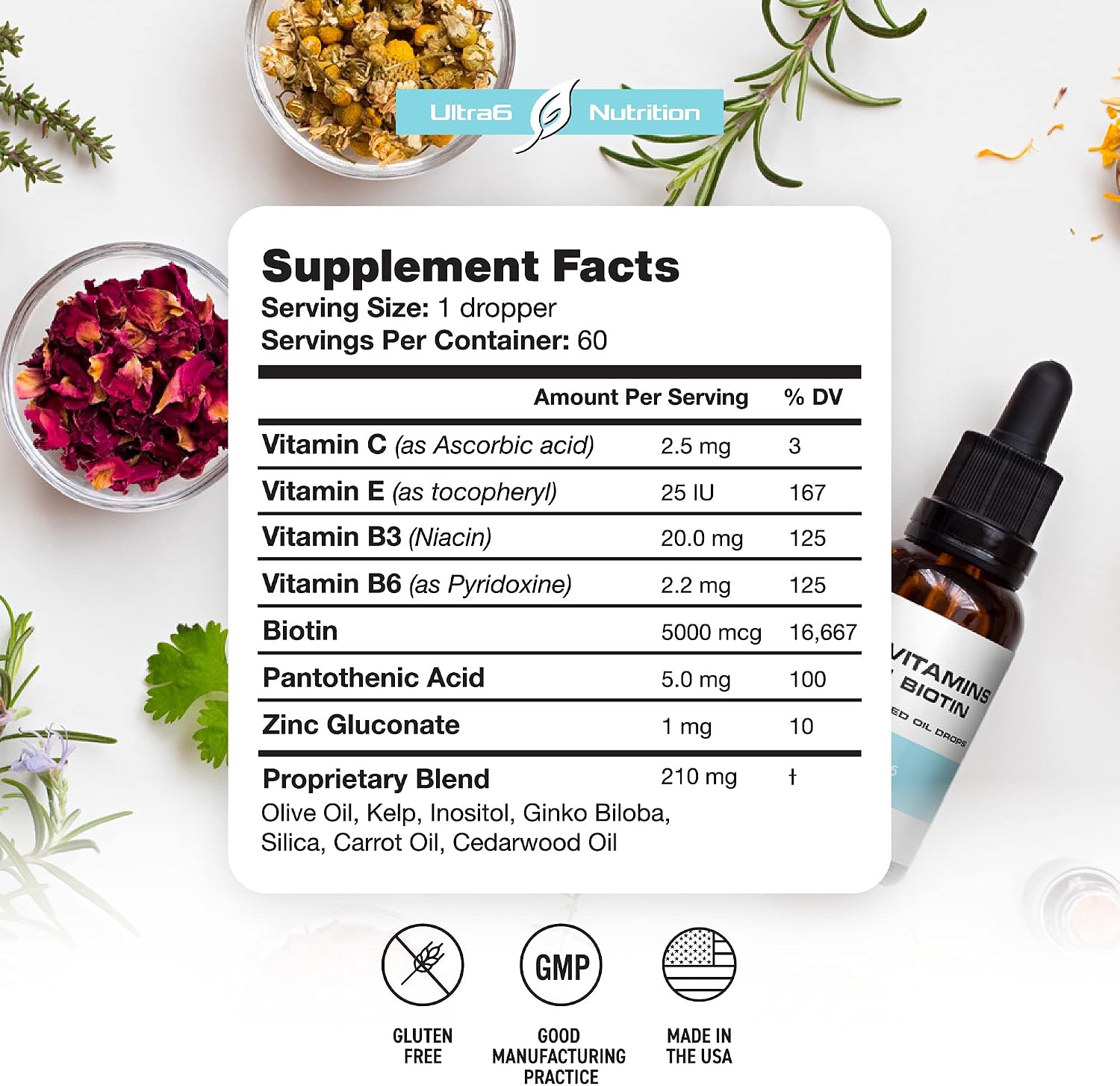 Ultra6 Nutrition Liquid Biotin 5000 mcg with Vitamins C, E, B6 & Organic Coconut Oil - Hair, Skin & Nails Supplement