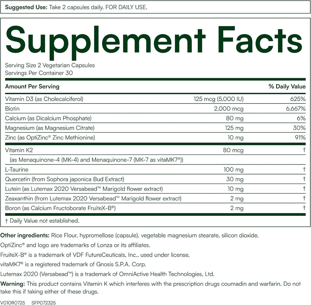 Purity Products Advanced Vitamin D Women's Formula - Vitamina D3 con Luteína y Biotina, 60 Cápsulas Vegetales