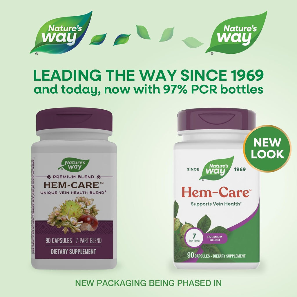 Nature's Way Premium Hem-Care, Mezcla única para la salud de las venas, con Vitaminas C y E, Colina, Calcio, Fósforo, Extracto de Castaño de Indias y Extracto de Sophora Japonica, 90 Cápsulas