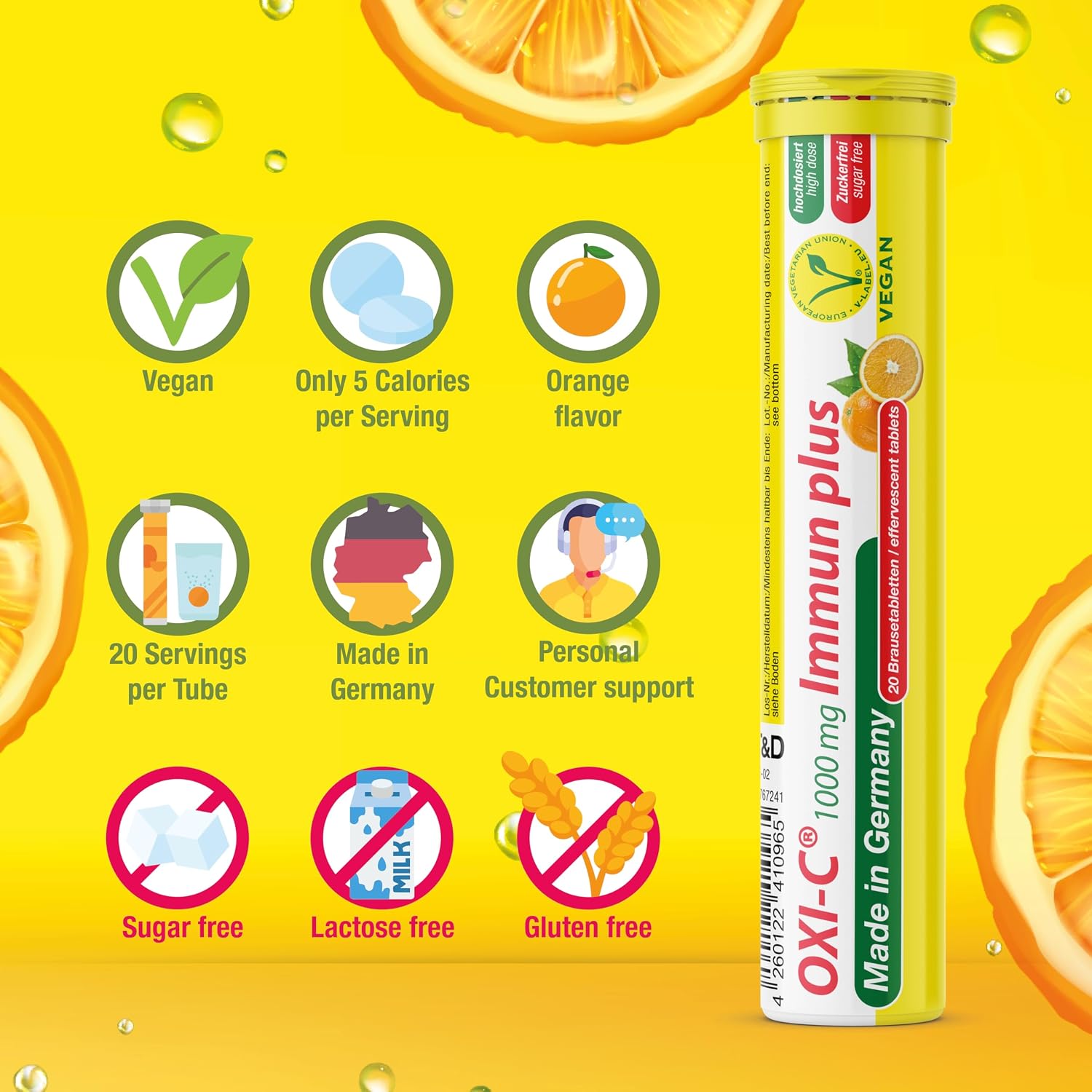 T&D Oxi C 1000 mg Vitamin C - 40 Comprimidos Efervescentes Veganos - Sabor Naranja - Hecho en Alemania