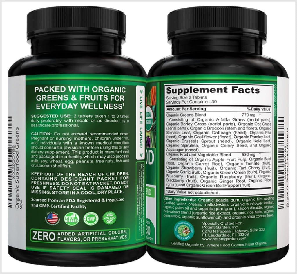 Potent Garden Super Greens Cápsulas - Complemento de Frutas y Verduras Orgánicas, 60 Comprimidos