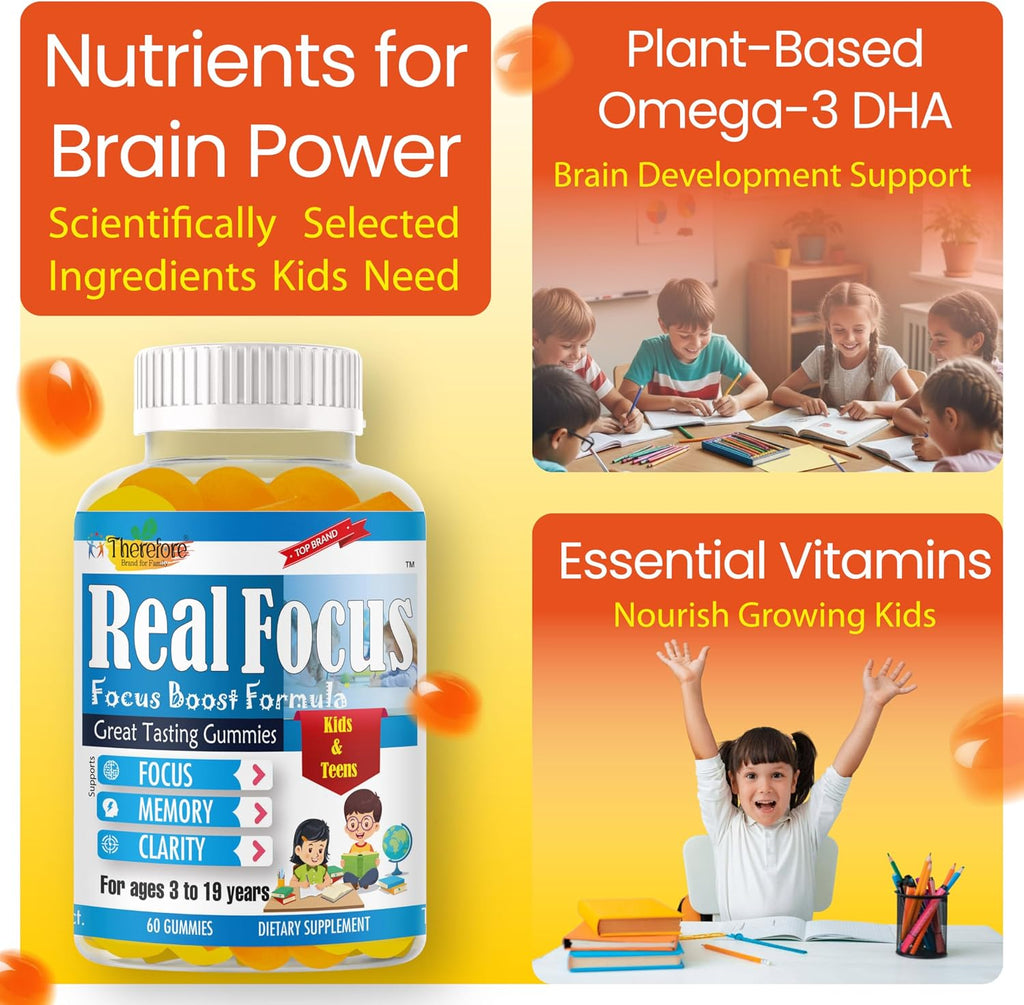 Real Focus Omega 3 for Kids - Gominolas de DHA con sabor a naranja - 60 unidades