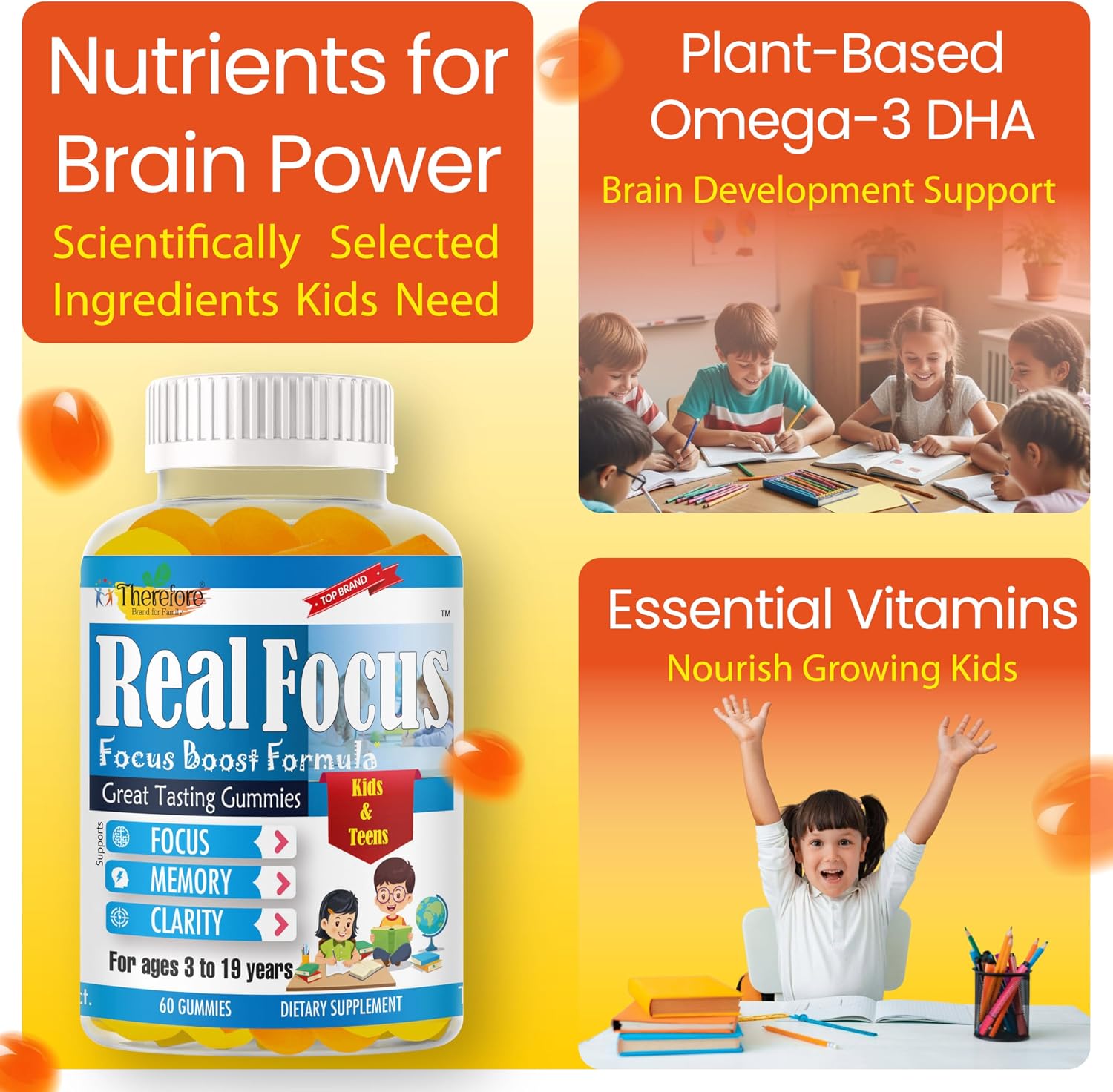 Real Focus Omega 3 for Kids - Gominolas de DHA con sabor a naranja - 60 unidades