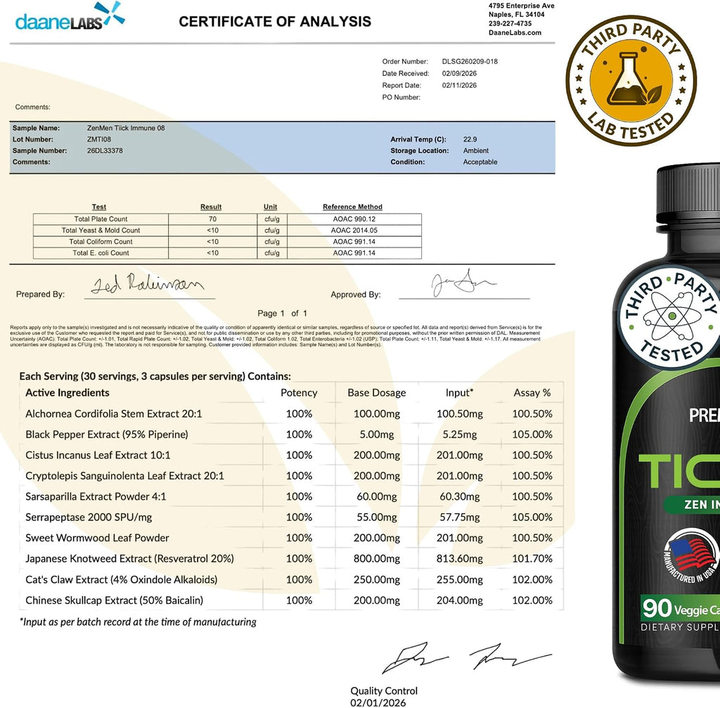 Zenmen Tick Immune Support - Fórmula Mejorada - 90 Cápsulas Veganas