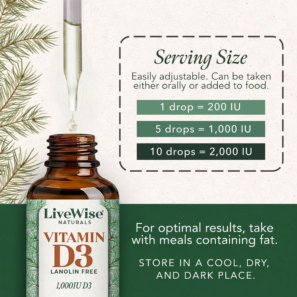 Live Wise Naturals Vitamina D3 1000 UI (25 mcg) Gotas - Fórmula Ultra Concentrada, Absorción Rápida, Vegana, con Aceite MCT Orgánico y Dosificador Microdosis