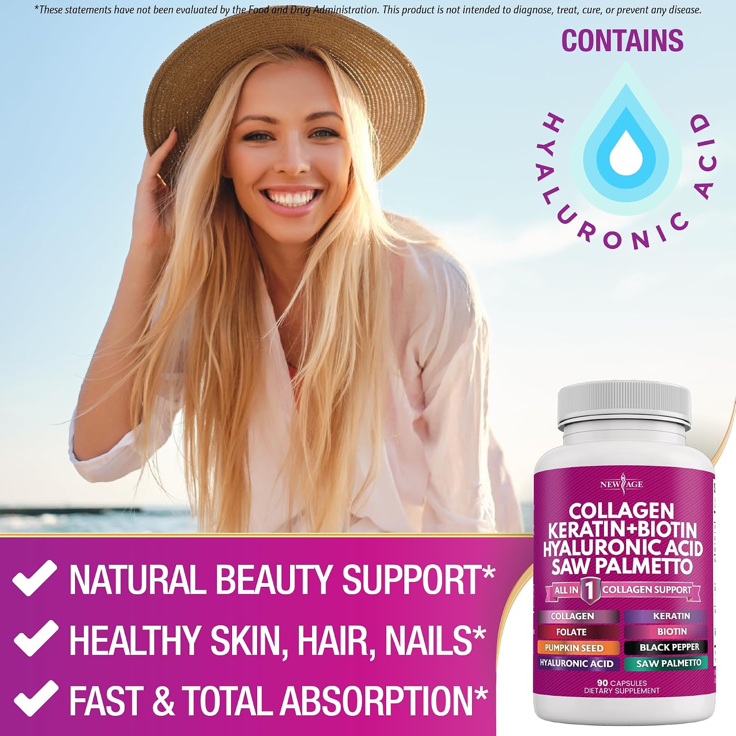 NEW AGE Cápsulas de Colágeno con Biotina, Keratina, Saw Palmetto y Ácido Hialurónico - 90 unidades