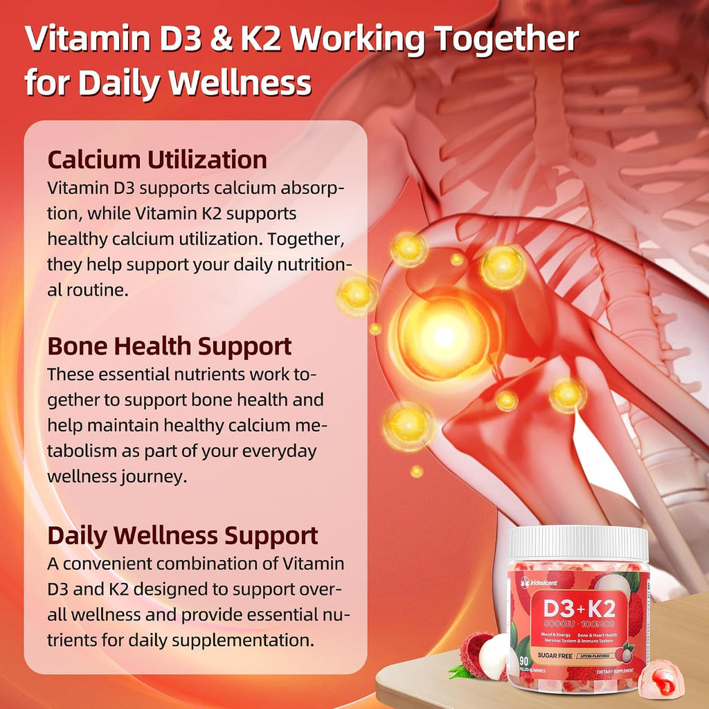 IRIDESICENT Gominolas de Vitamina D3 y K2 Sin Azúcar - 90 uds | 5000 UI D3 + 100 mcg K2 (MK-7) | Vegano, Sabor Lychee