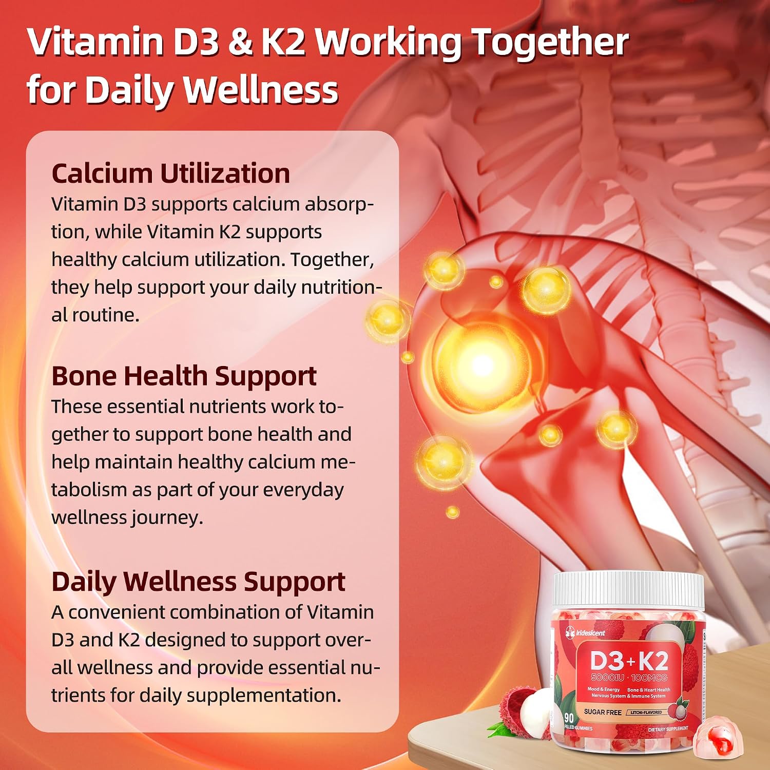 IRIDESICENT Gominolas de Vitamina D3 y K2 Sin Azúcar - 90 uds | 5000 UI D3 + 100 mcg K2 (MK-7) | Vegano, Sabor Lychee