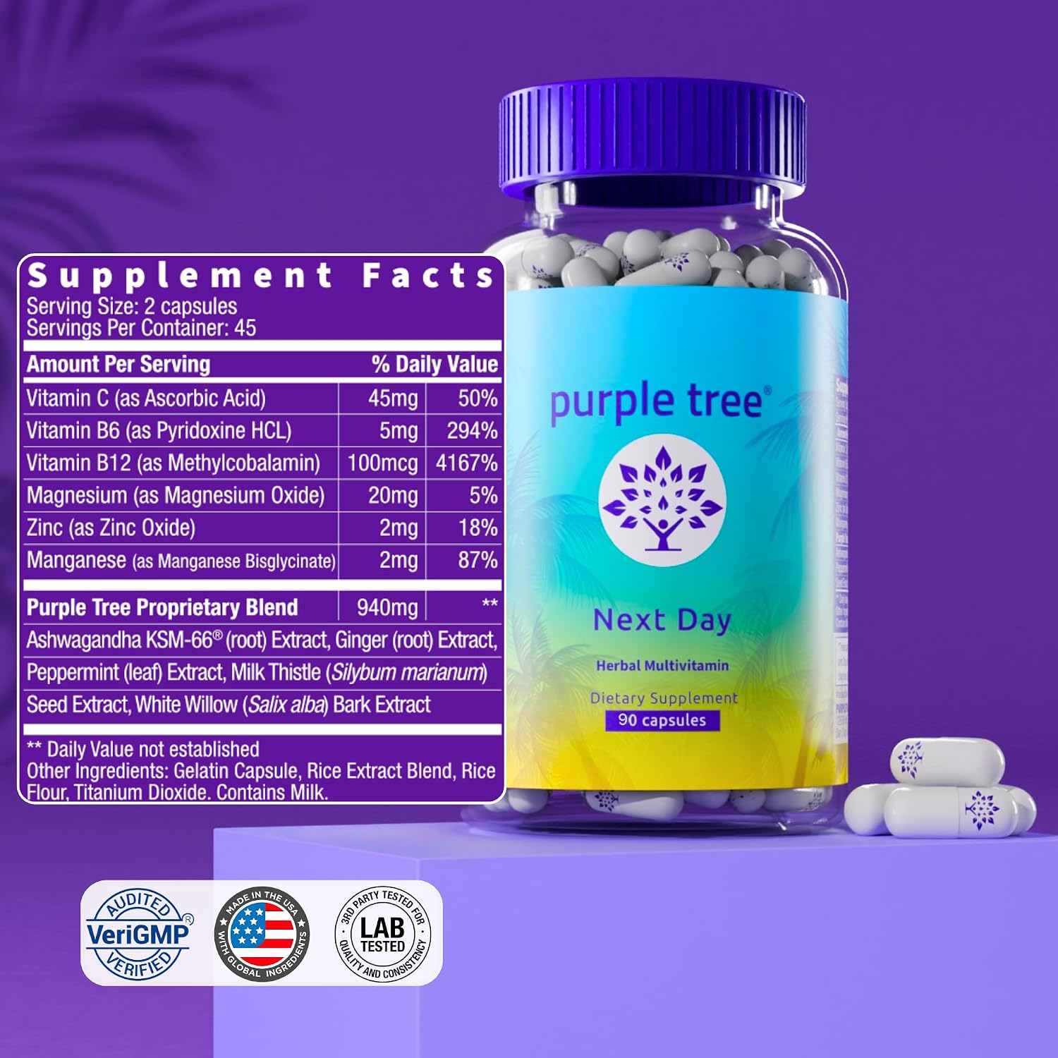 Purple Tree Next Day – Suplemento Post-Fiesta con Ashwagandha KSM-66, Cardo Mariano, Vitaminas y Minerales | 90 Cápsulas