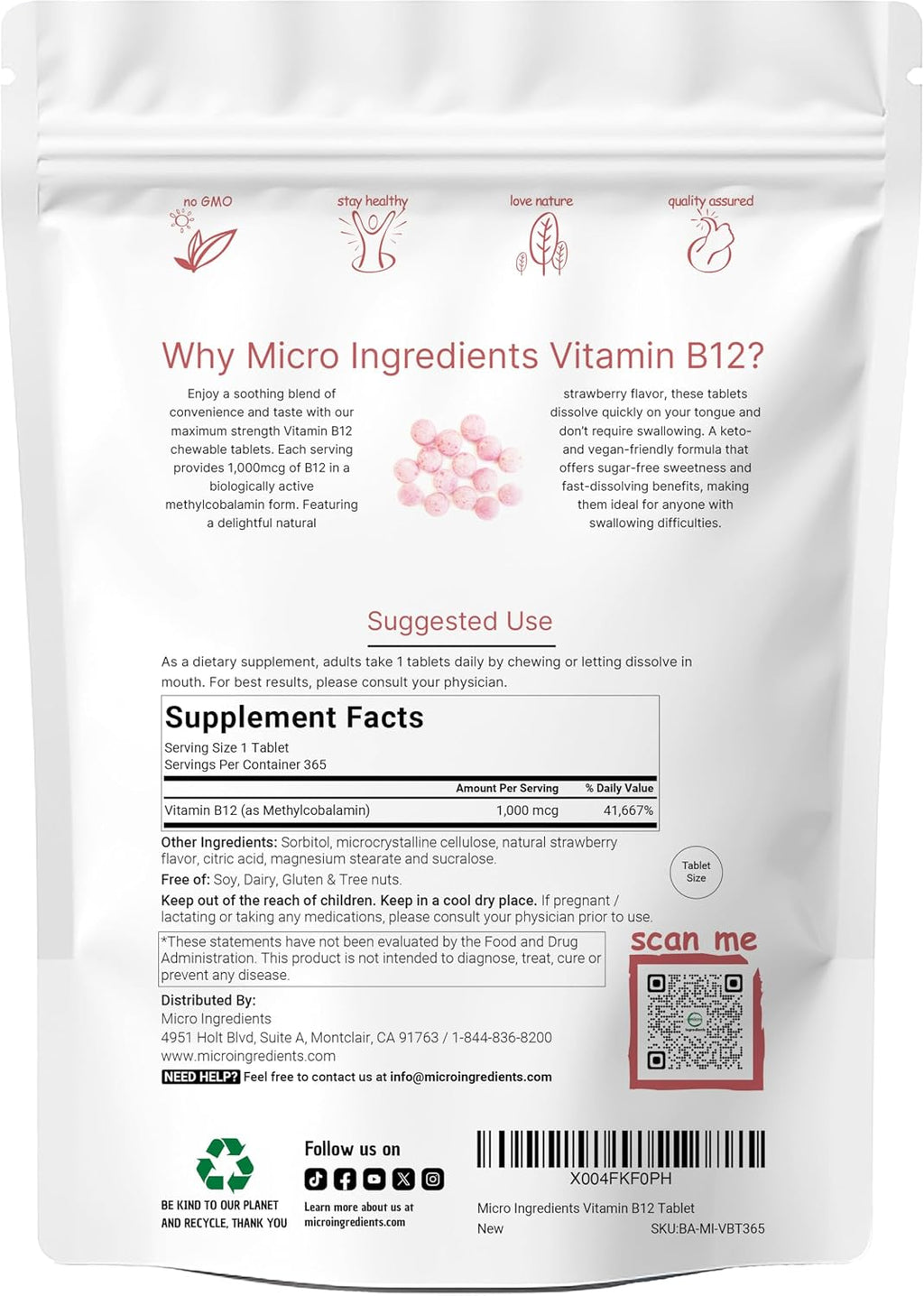 Micro Ingredients Vitamina B12 1000 mcg Metilcobalamina – 365 Comprimidos Masticables Sabor Fresa Natural