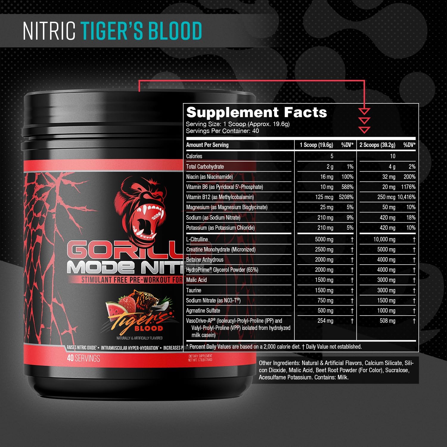 Gorilla Mode Nitric – Pre-Entreno Sin Estimulantes (784g, Tiger's Blood)