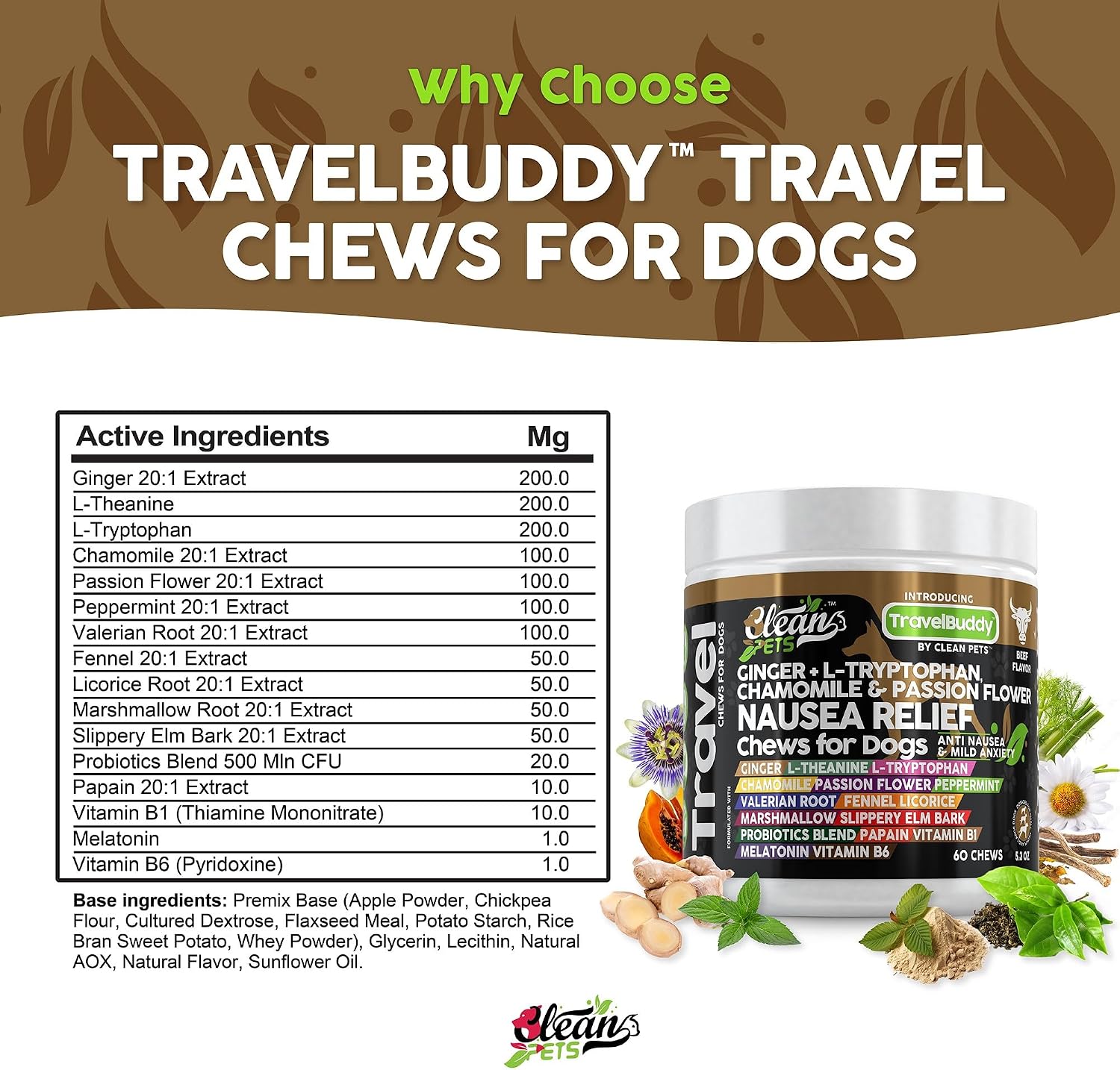 Clean Pets Travel Chews - Masticables calmantes para perros con jengibre y melatonina