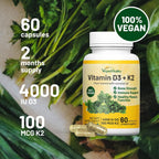 Vegan Vitality Vitamina D3 y K2 4000 UI (100 mcg) con Aceite de Coco - 60 Cápsulas Veganas