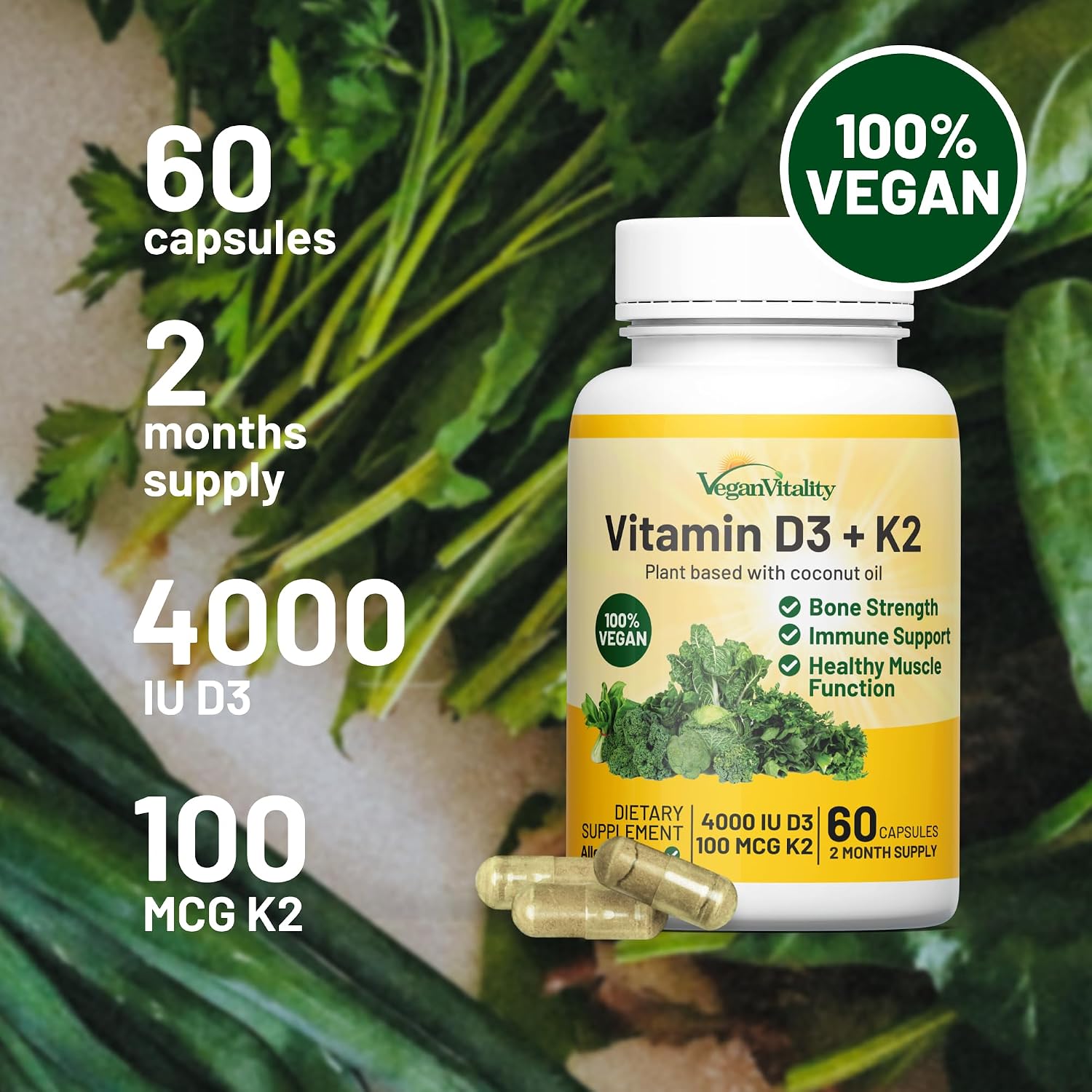 Vegan Vitality Vitamina D3 y K2 4000 UI (100 mcg) con Aceite de Coco - 60 Cápsulas Veganas