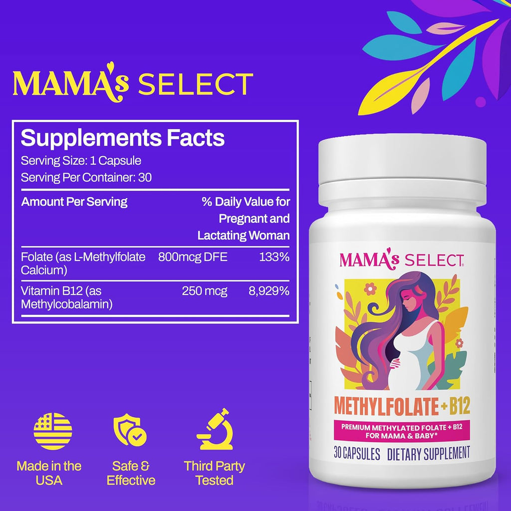 Mama's Select Methylfolate + B12 para Embarazo y Lactancia – 5-MTHF Folato + Metilcobalamina – Favorece el Desarrollo Cerebral del Bebé – 30 Cápsulas