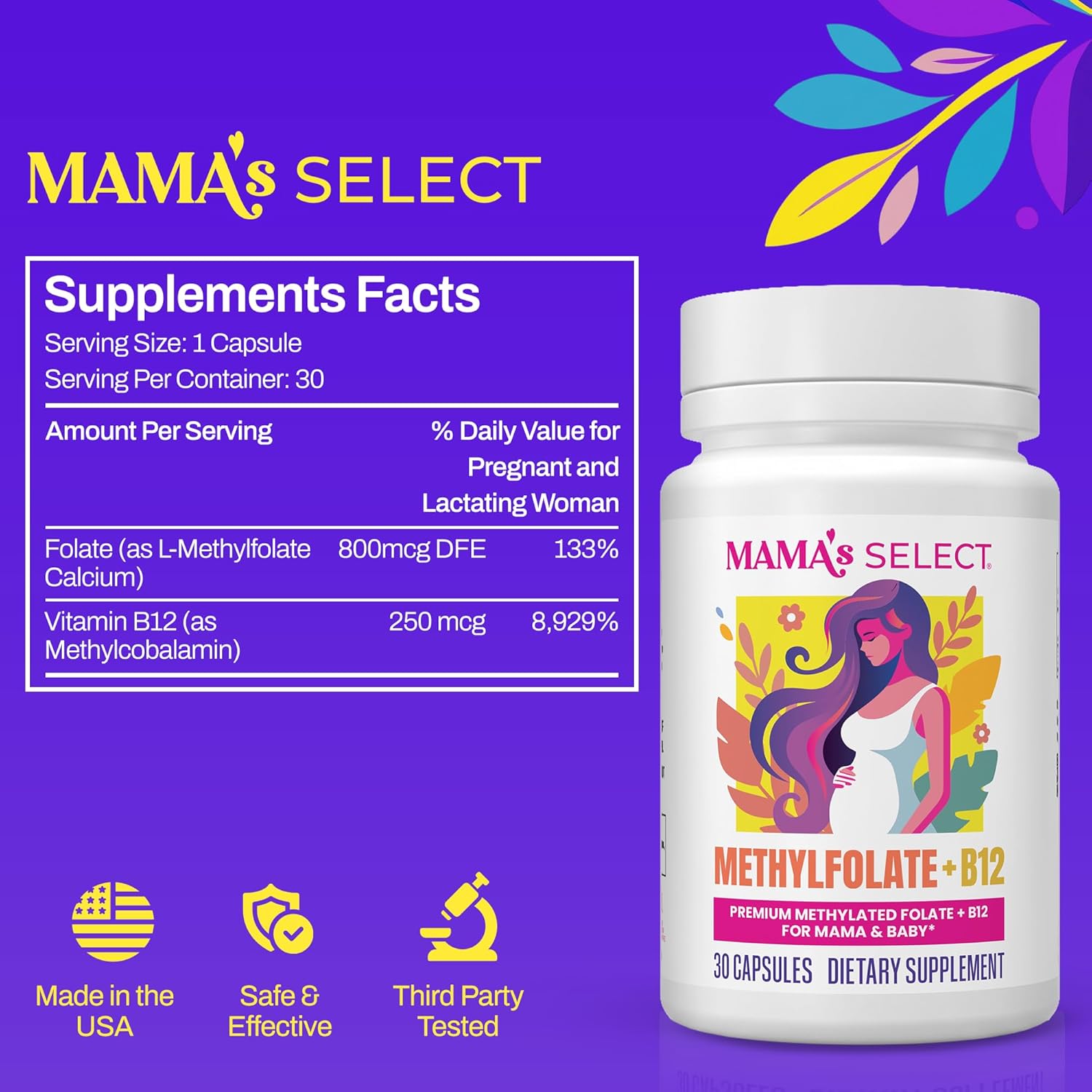 Mama's Select Methylfolate + B12 para Embarazo y Lactancia – 5-MTHF Folato + Metilcobalamina – Favorece el Desarrollo Cerebral del Bebé – 30 Cápsulas