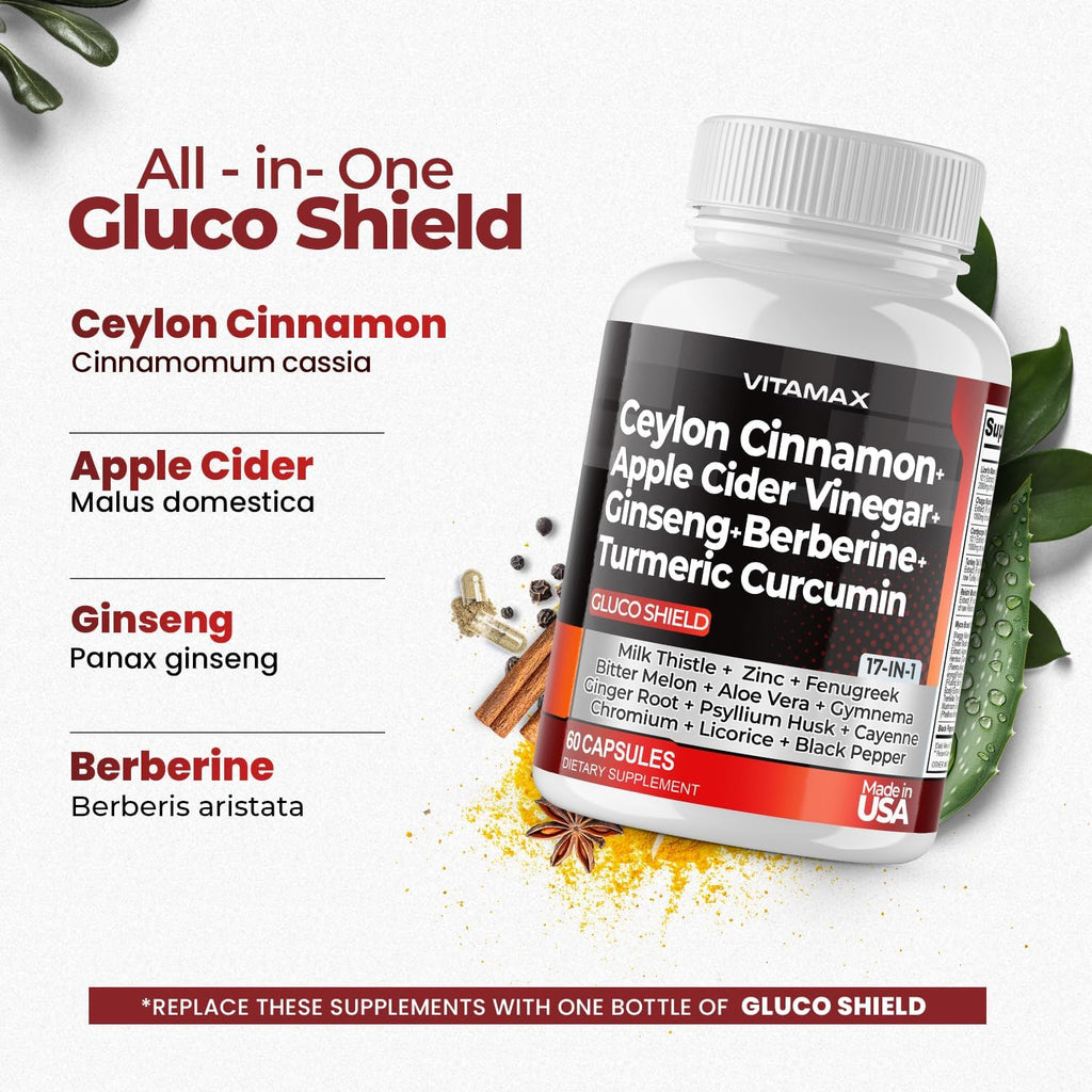 Vitamax Complejo de Canela de Ceilán, Vinagre de Manzana y Cúrcuma con Ginseng, Berberina y 12 Ingredientes Más - 60 Cápsulas