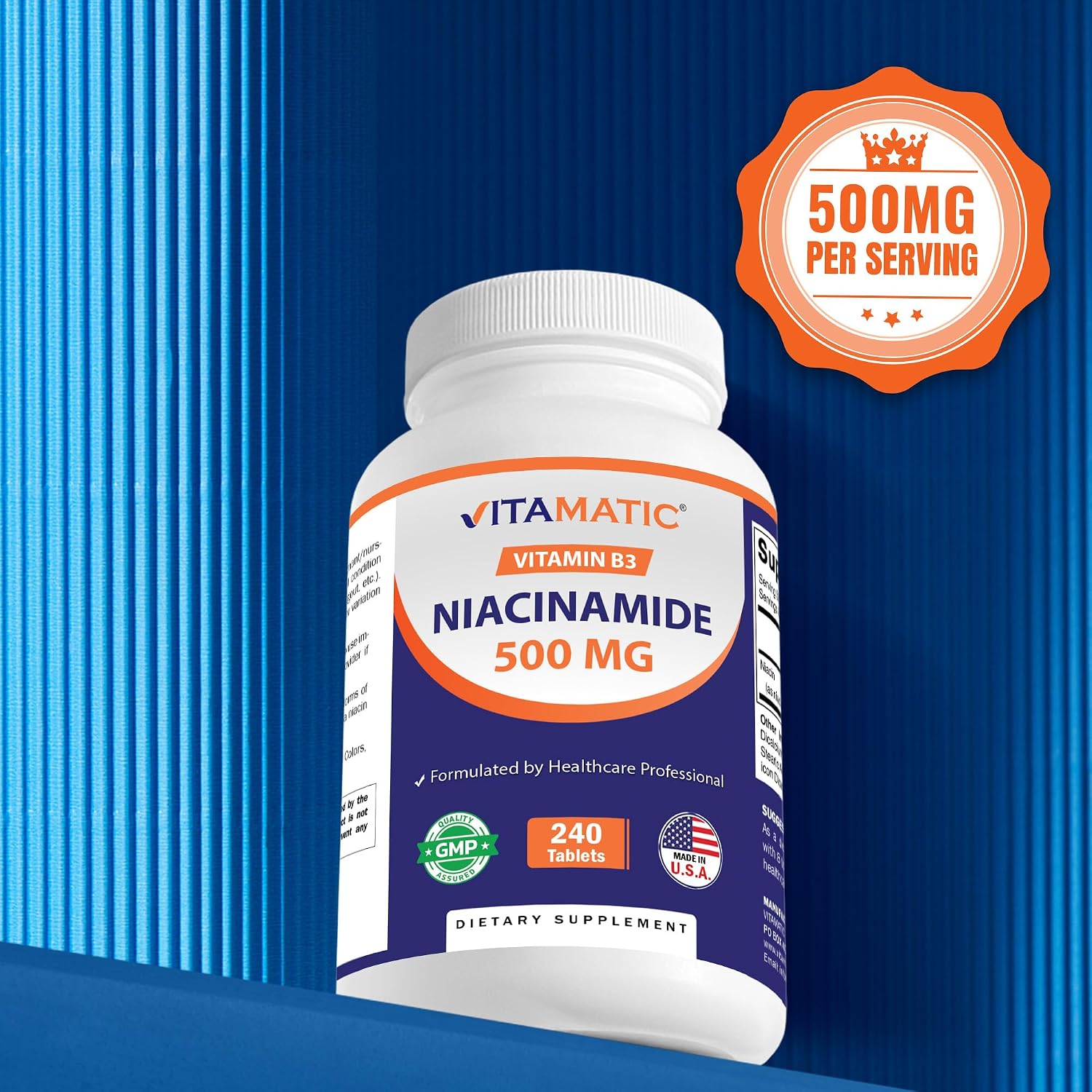 Vitamatic Niacinamida 500 mg, 240 Comprimidos - Vitamina B3 Sin Enrojecimiento - Apoya la Producción de Energía