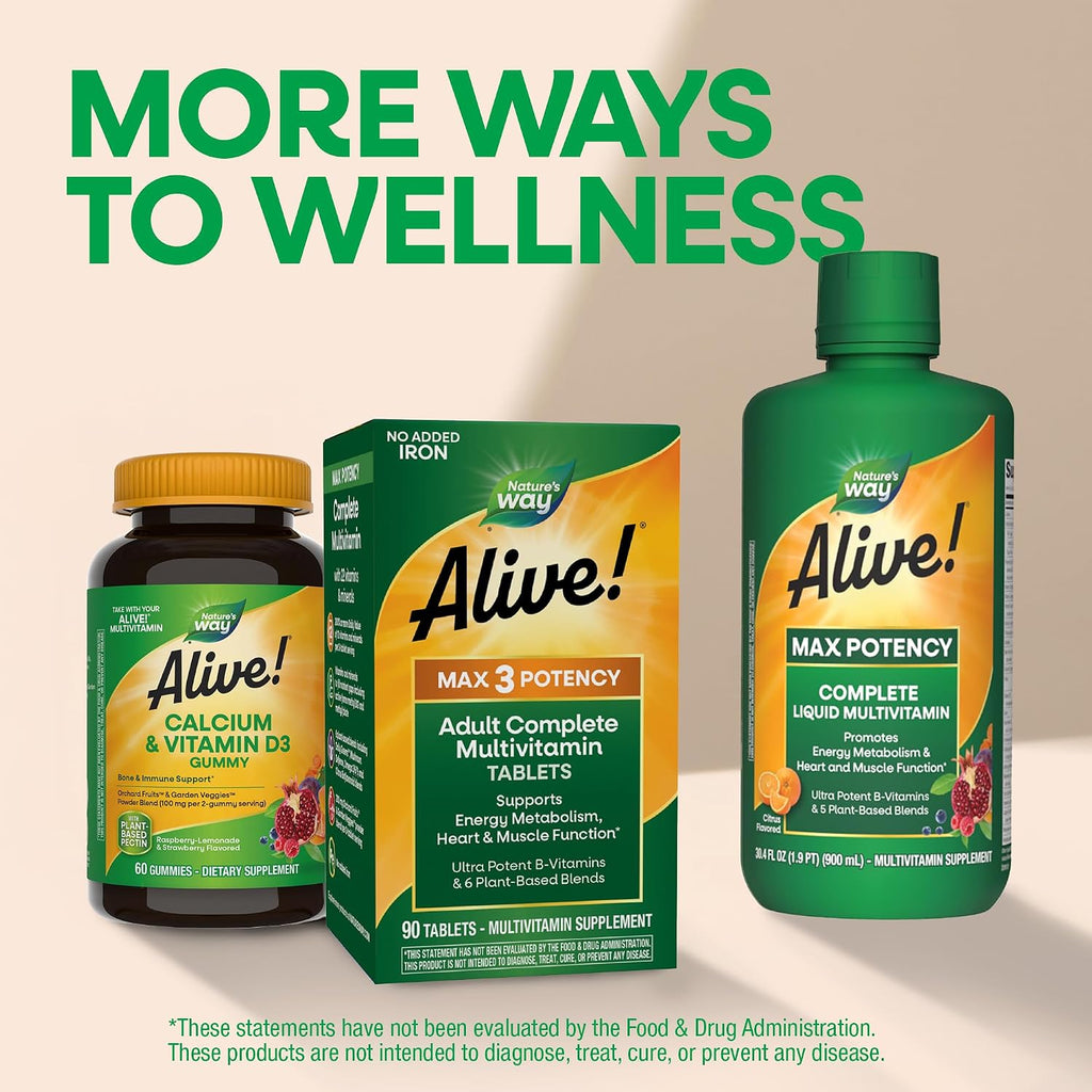 Nature's Way Alive! Max3 Multivitamínico Diario de Alta Potencia, Sin Hierro, 180 Comprimidos