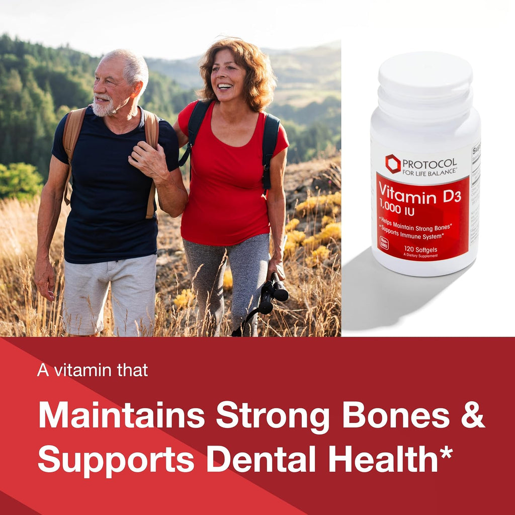 PROTOCOL FOR LIFE BALANCE Vitamin D3 1,000 IU - Immune Support, Strong Bones & Teeth - 120 Softgels