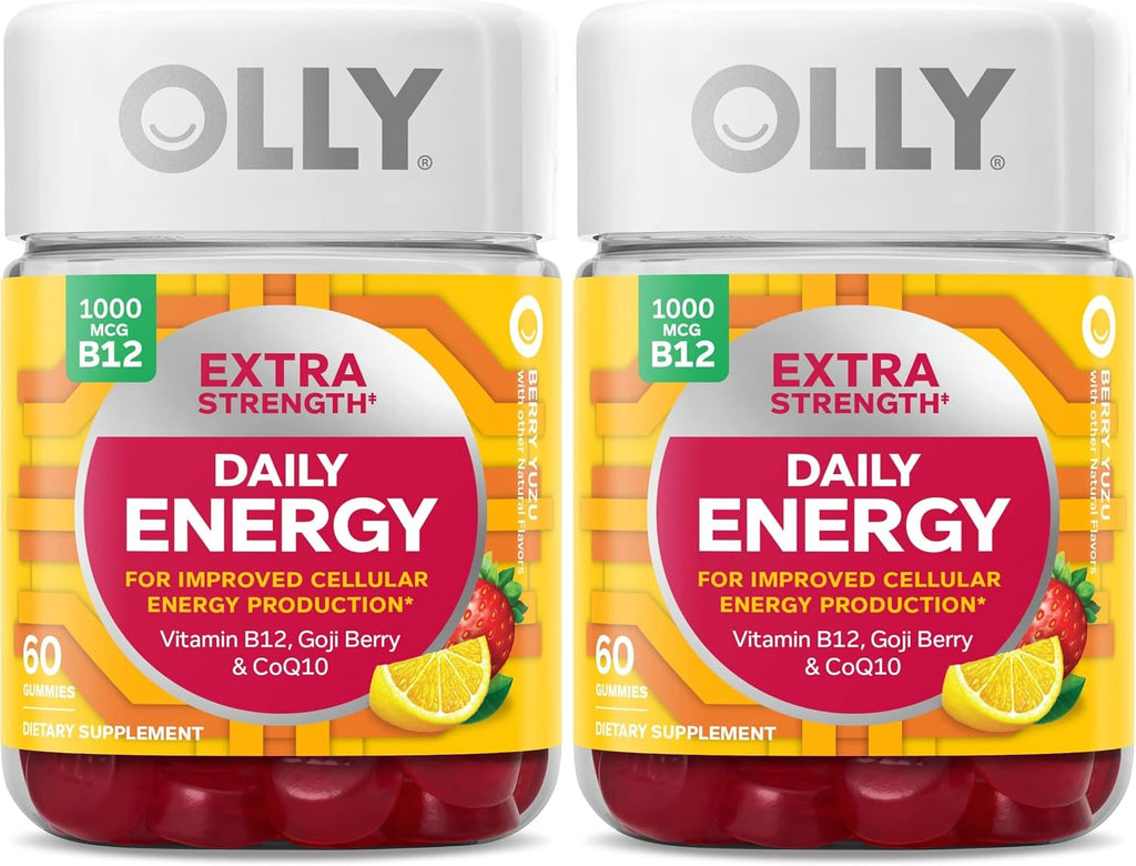 OLLY Extra Strength Daily Energy Gominolas de Vitamina B12, CoQ10 y Goji Berry - Sin Cafeína - 60 Gominolas Sabor Berry Yuzu