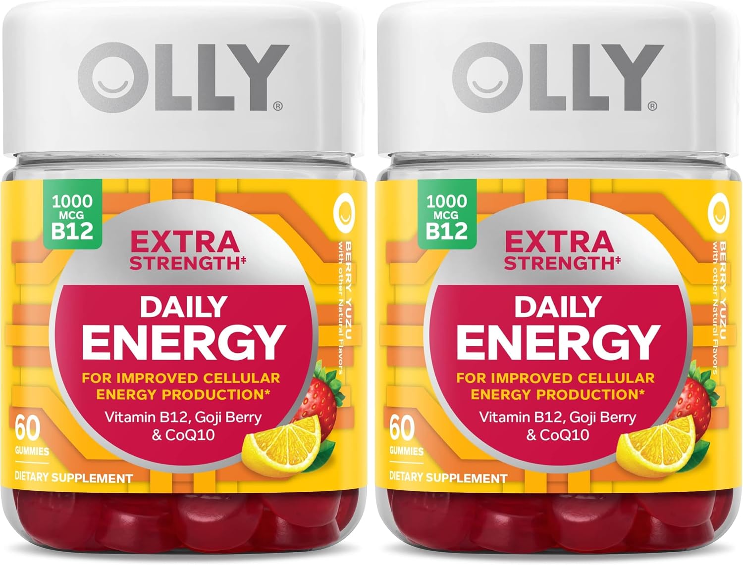 OLLY Extra Strength Daily Energy Gominolas de Vitamina B12, CoQ10 y Goji Berry - Sin Cafeína - 60 Gominolas Sabor Berry Yuzu