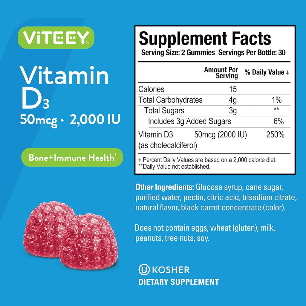 Viteey Gomitas de Vitamina D3 2000 UI (50 mcg) para Adultos y Adolescentes - 120 gomitas