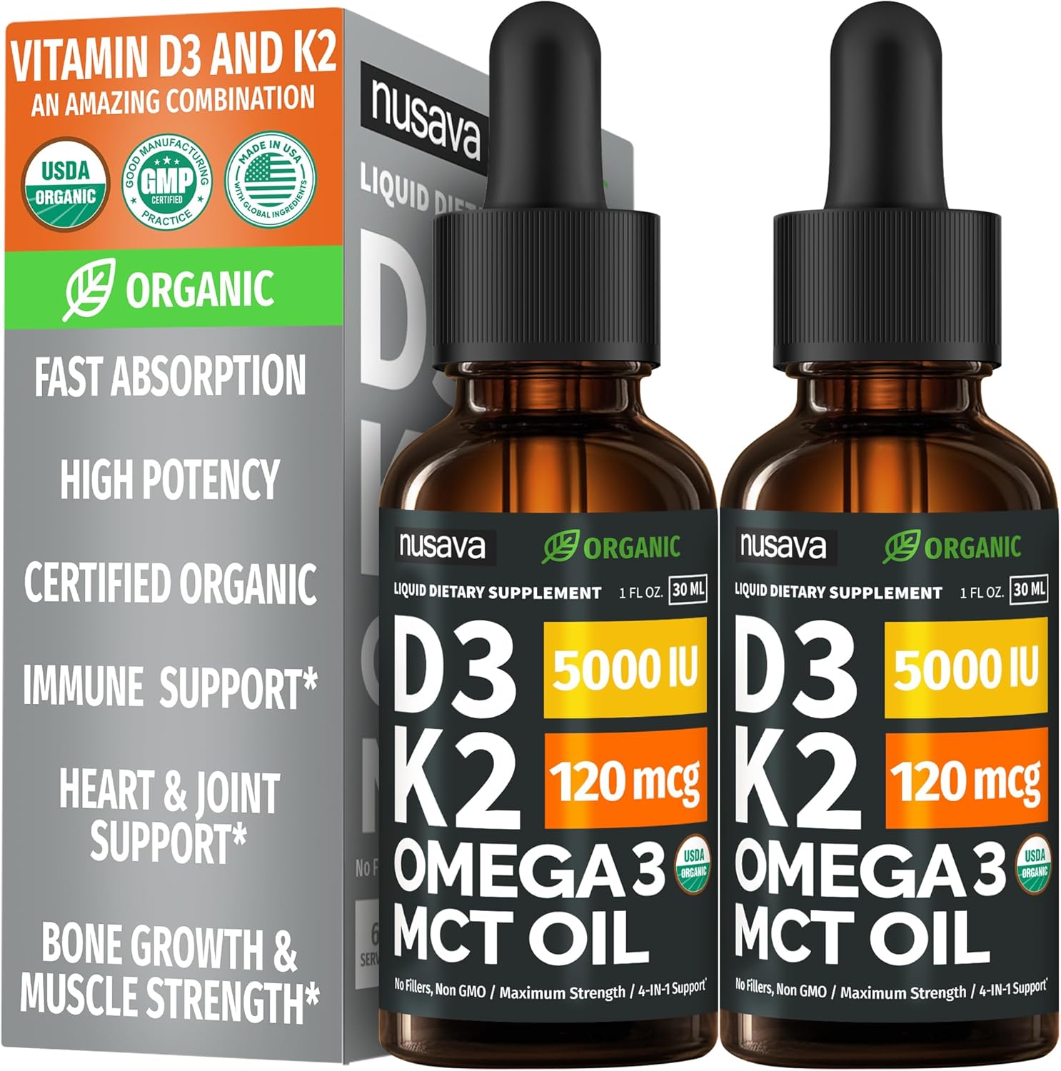 Organic Vitamin D3 K2 Drops con MCT Oil y Omega 3 - Gotas Líquidas de Vitamina D3 5000 UI - Suplemento de Vitamina K2 D3 - Sin Rellenos, No GMO (Pack de 2, 60 ml)