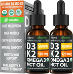 NUSAVA Gotas Extra Fuertes de Vitamina D3 y K2 Orgánicas con Aceite MCT y Omega 3 - 10000 UI, Sin Rellenos, No GMO, Sin Sabor (2 Paquete de 60 ml)