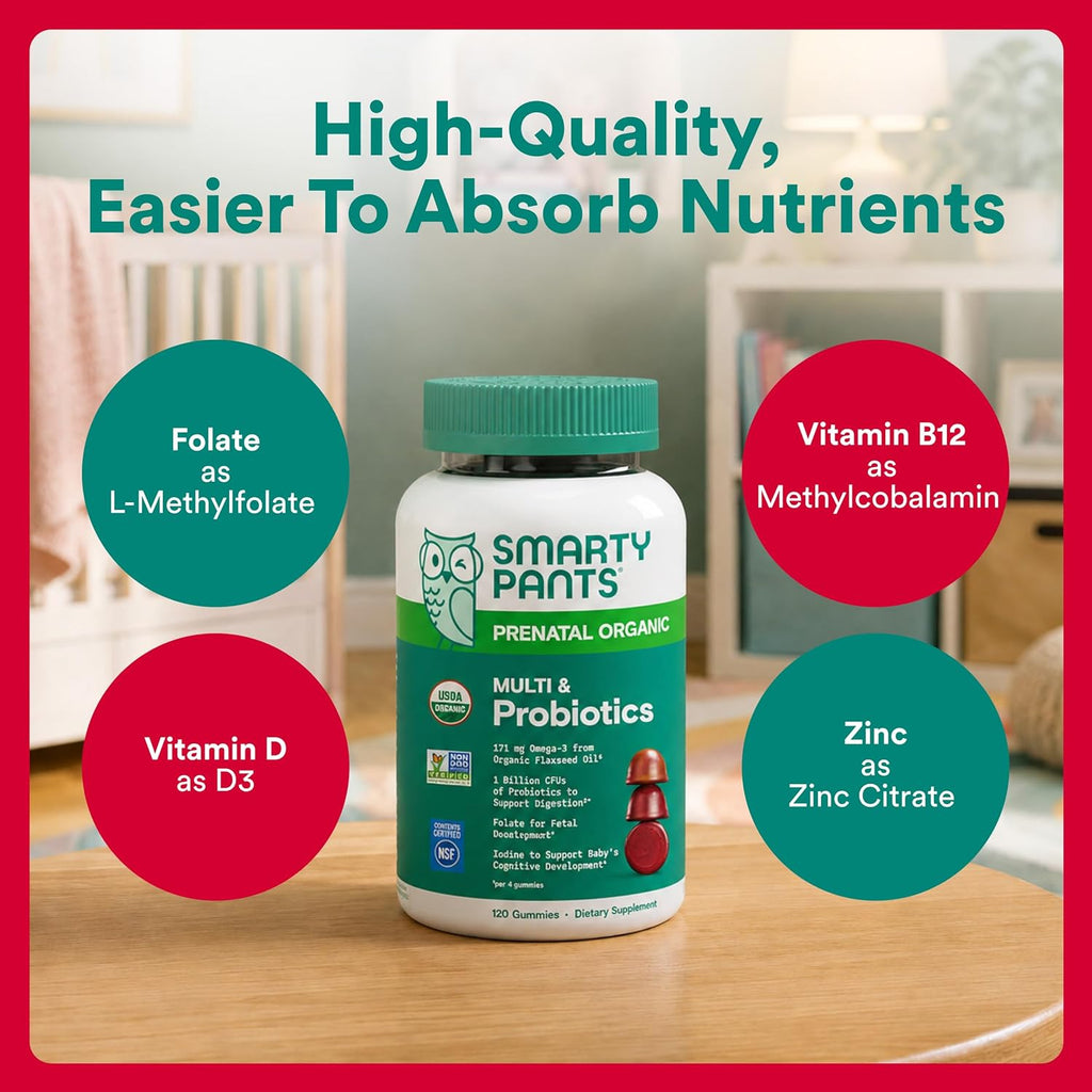 SmartyPants Vitaminas Prenatales Orgánicas para Mujeres - Gominolas Multivitamínicas con Probióticos, Metilfolato, Omega 3 (ALA), Vitamina D3, C, B12, B6, A, K2, Zinc y Colina - 120 unidades (30 días)