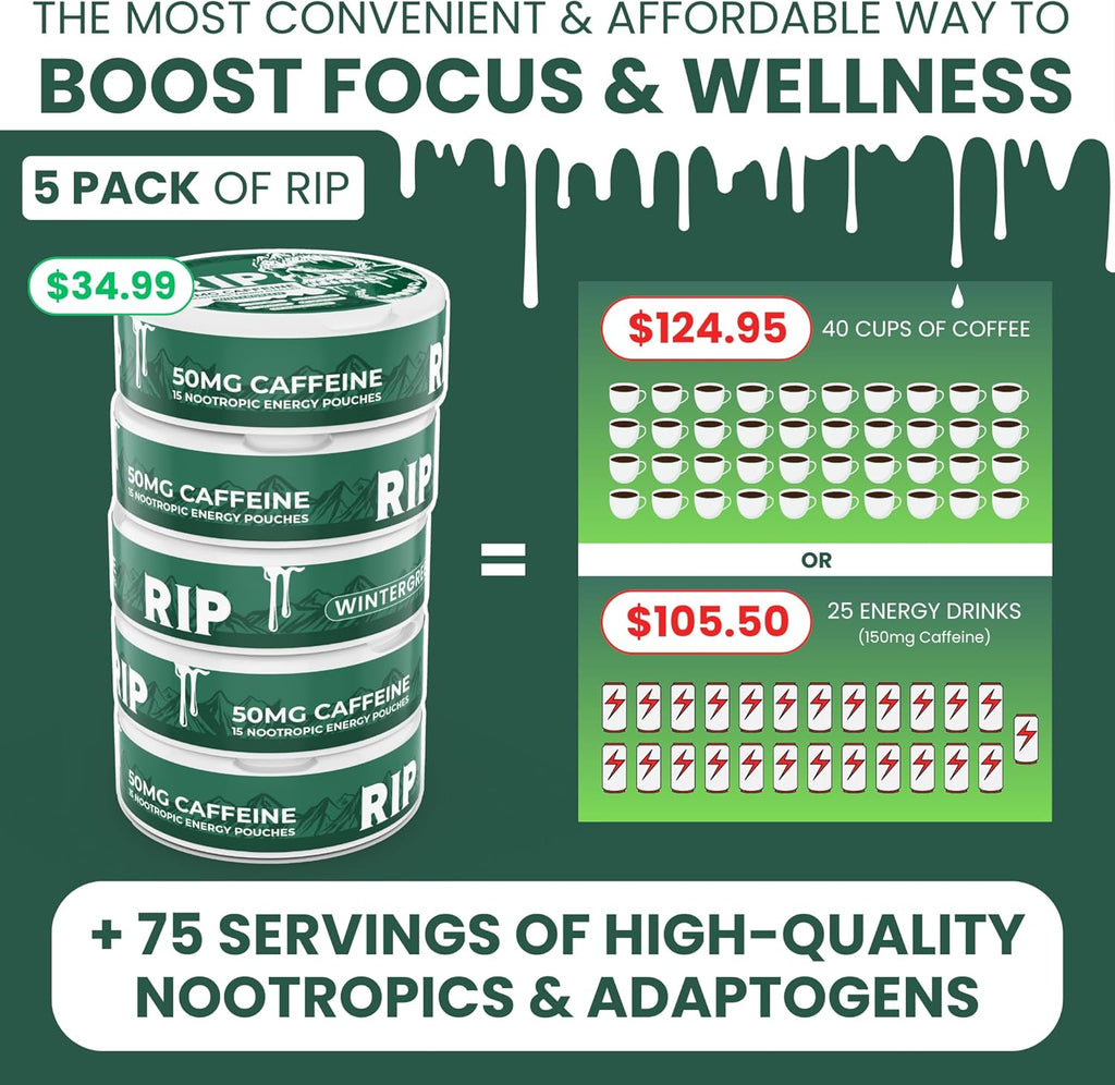 Immortal Drip RIP Bolsitas Nootrópicas de Energía (Wintergreen) – 5 Latas – 15 Bolsitas por Lata – Energía Limpia y Enfoque – 50mg Cafeína, Shilajit, Alpha-GPC, L-Tirosina, Rhodiola