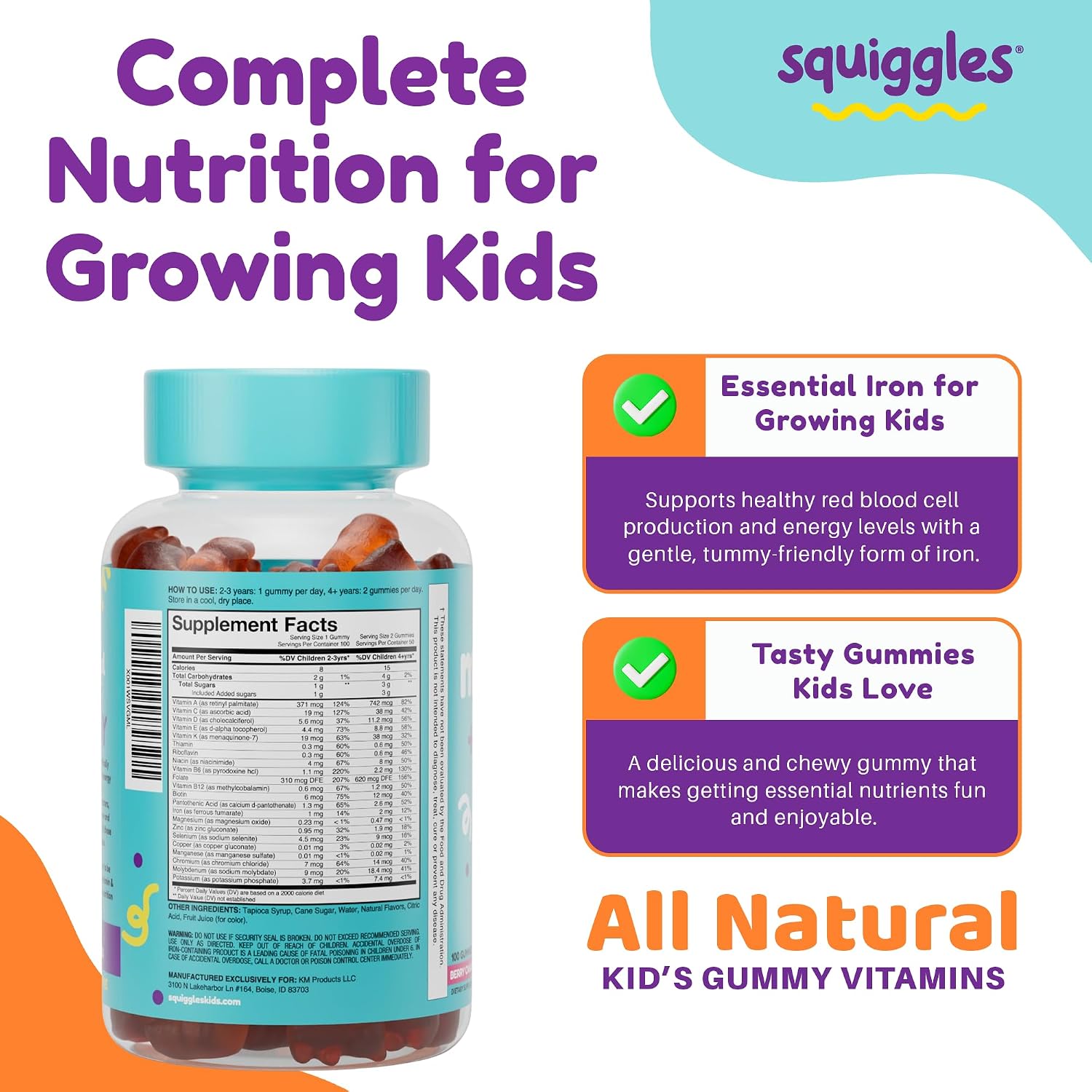 Squiggles Multivitamínico Infantil + Hierro Gomitas - Bajo en Azúcar - 100 Gomitas