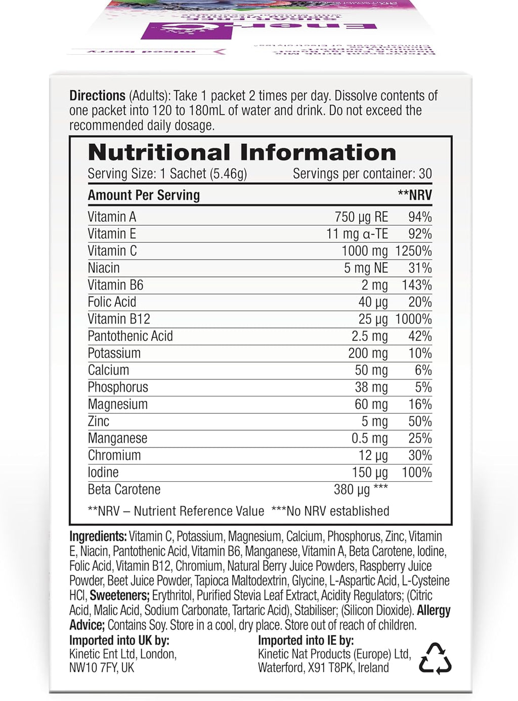 Ener-C Mix de Bebida Multivitamínica Sin Azúcar - Sabor Mixed Berry, 30 Sobres | Polvo de Vitaminas para Agua, Electrolitos, Sin Azúcar, Vitamina C y B12