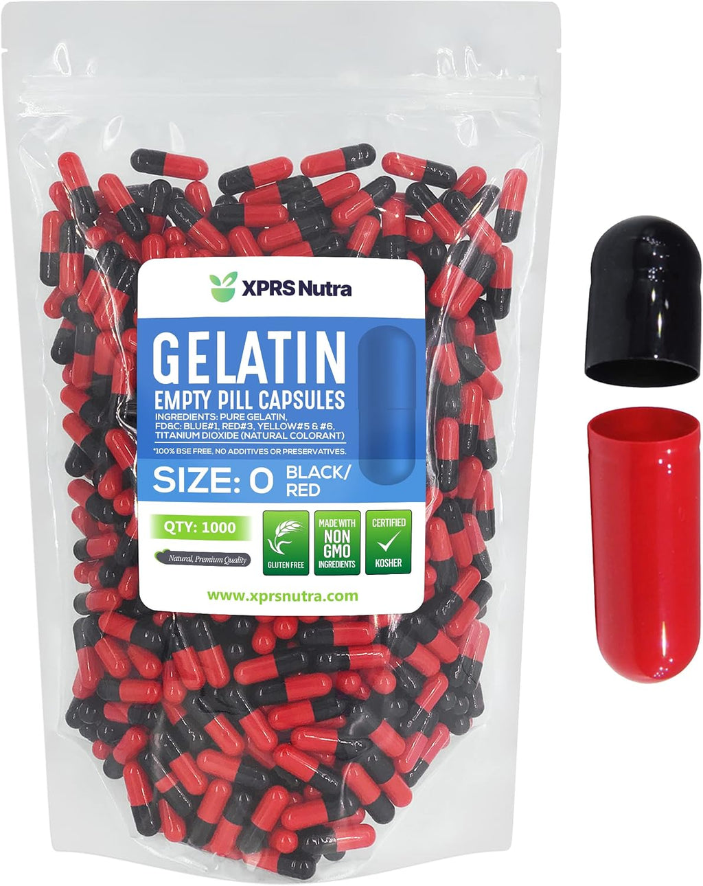 XPRS Nutra Cápsulas Vacías Tamaño 0 - 1000 uds de Gelatina Bovina (Negro/Rojo)