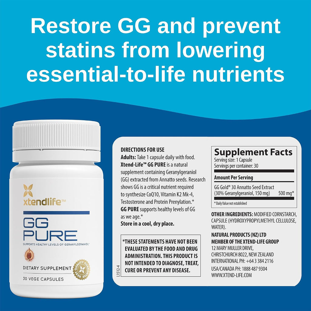 Xtendlife GG Pure – Geranylgeraniol 150mg – Apoyo para Usuarios de Estatinas, 30 Cápsulas