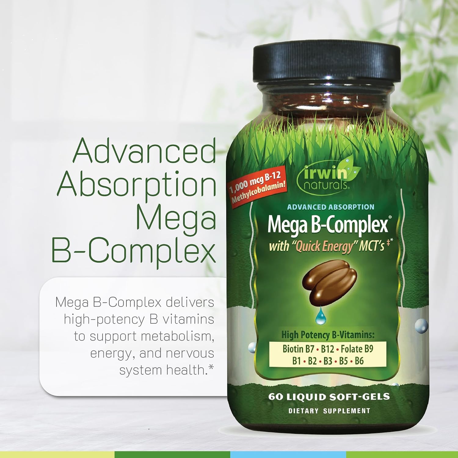 Irwin Naturals Mega B-Complex - 60 Cápsulas Blandas Líquidas - Complejo B con Vitamina B12, Folato B9, Biotina B7, B1, B2, B3, B5, B6 y MCT