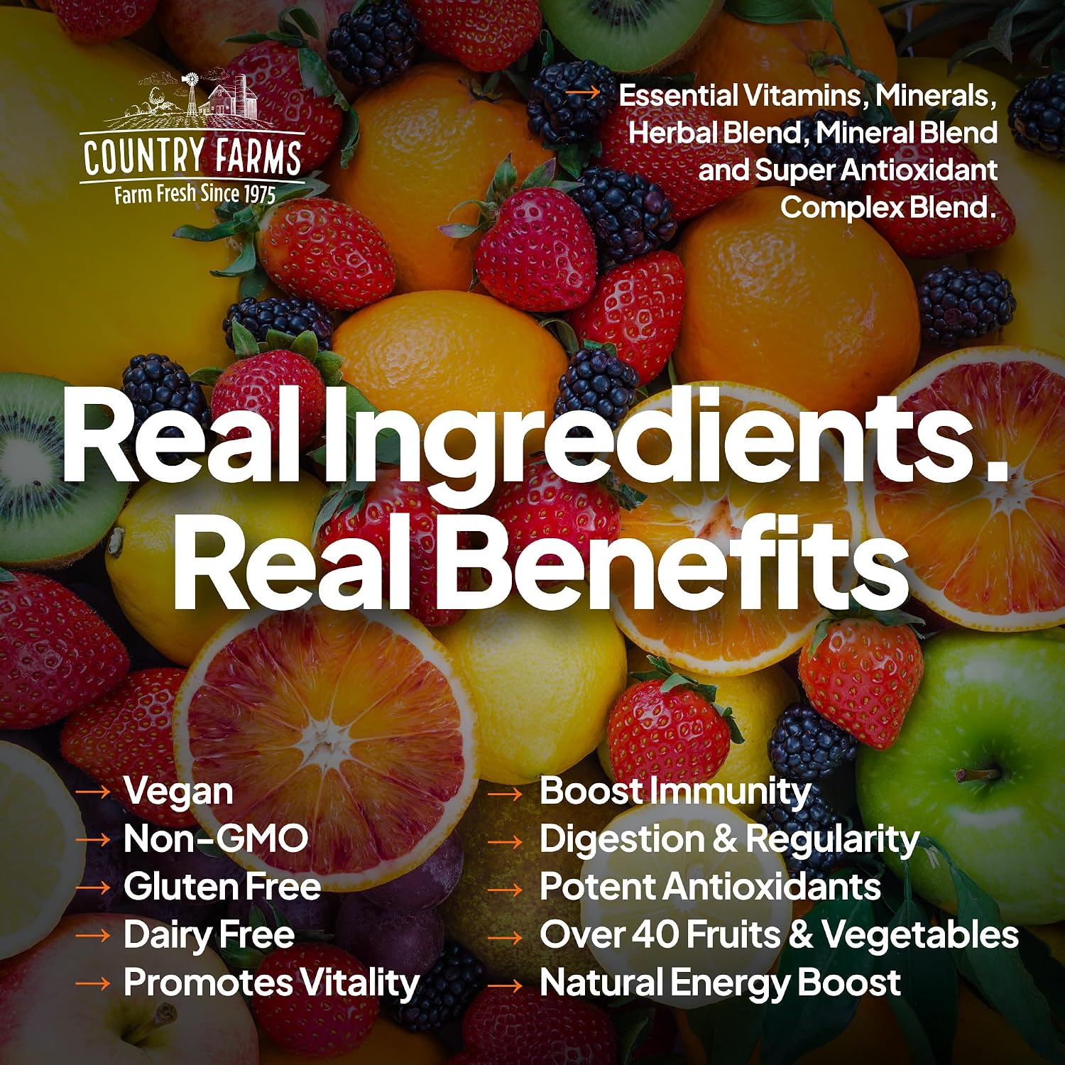 Country Farms Multivitamínico Líquido, Vitaminas y Minerales para Apoyo Inmunitario y Energía, Mezcla de Hierbas, Vegano, Sin Gluten, Sabor Fruta Tropical, 946 ml