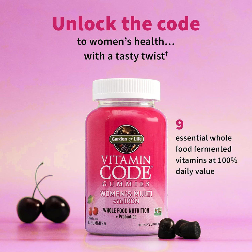 Garden of Life Vitamin Code Gominolas Multivitamínicas para Mujeres con Hierro y Probióticos, Sabor Cereza, 90 Gominolas