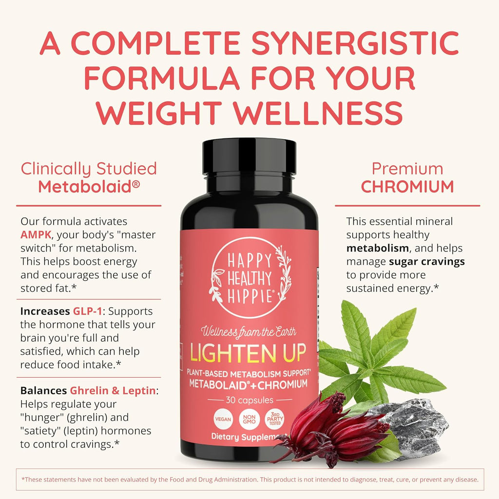 Happy Healthy Hippie Lighten Up - Complemento GLP-1 con Metabolaid y Cromo - 30 Cápsulas Veganas