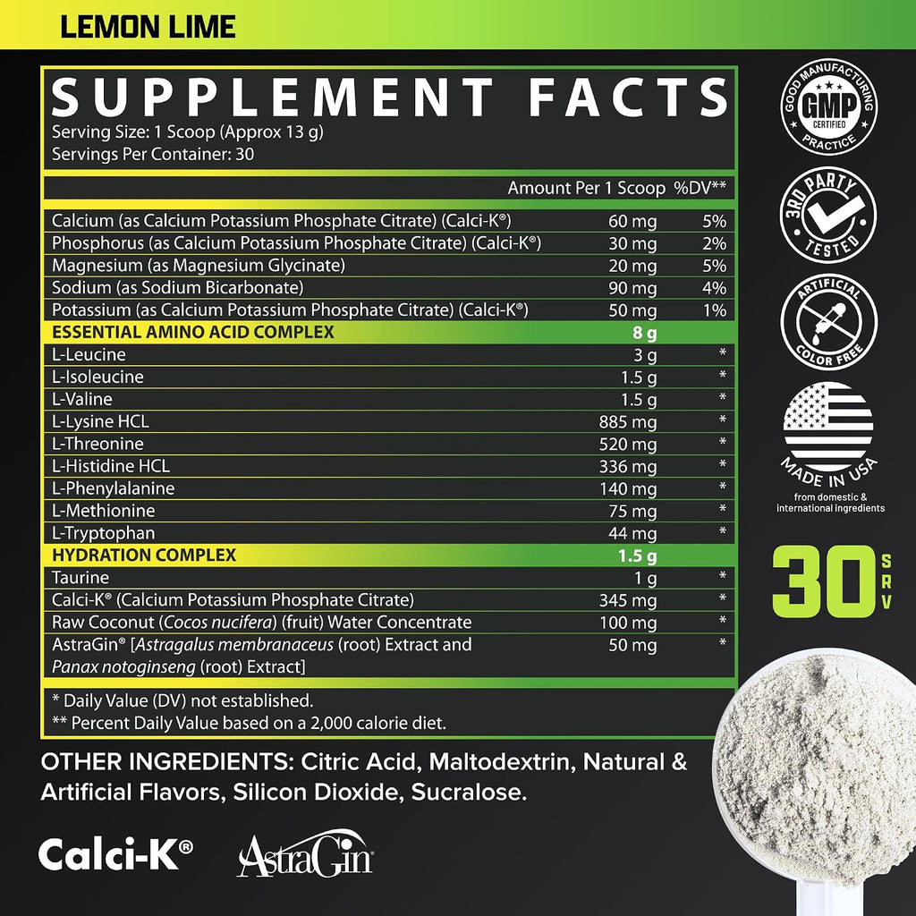 Nutrex Research EAA Hydration - Polvo de EAAs y BCAAs con Electrolitos - 30 Servicios (Lima Limón)